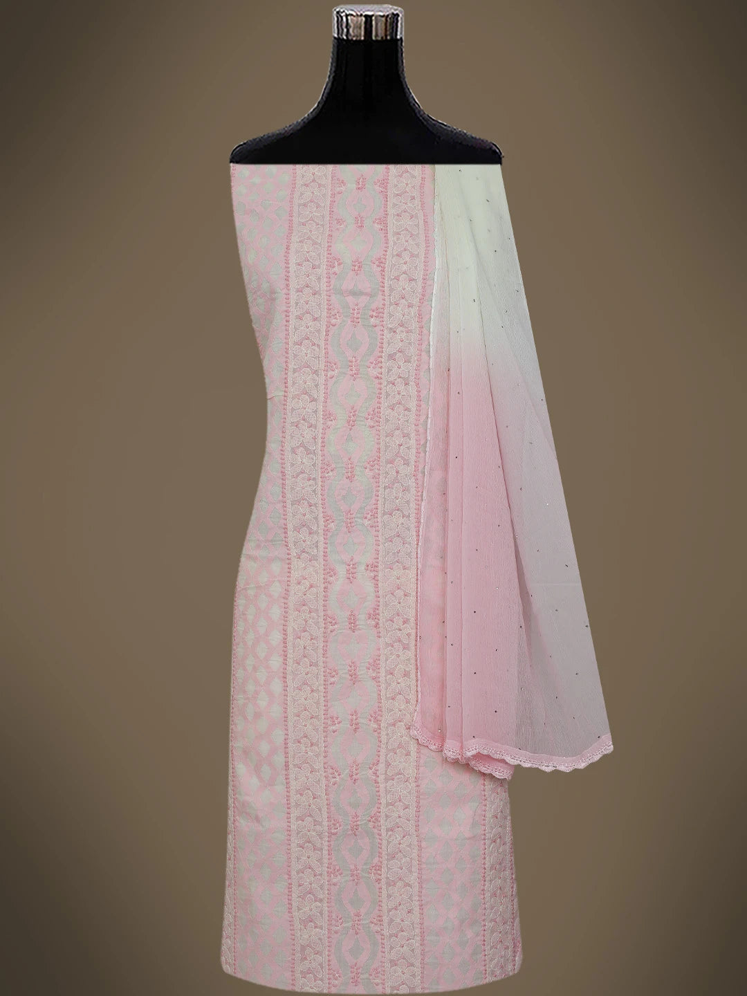 Ada Hand Embroidered Pink Cotton Lucknowi Chikankari Unstitched Suit Piece With Muqaish Work 01A742020