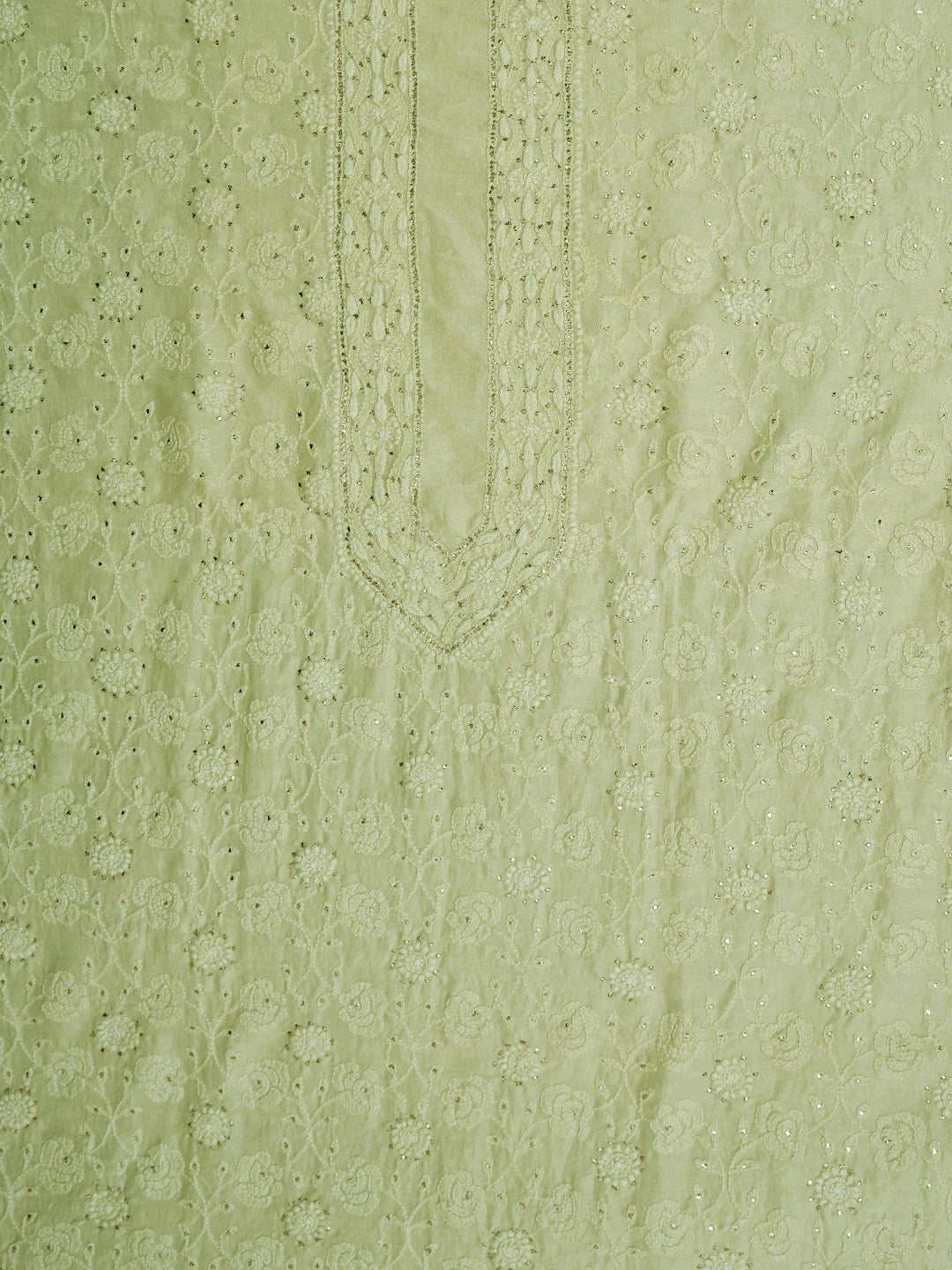 Ada Hand Embroidered Pista Green Chanderi Lucknowi Chikankari Unstitched Men's Kurta Piece With Mukaish Work 01A569177