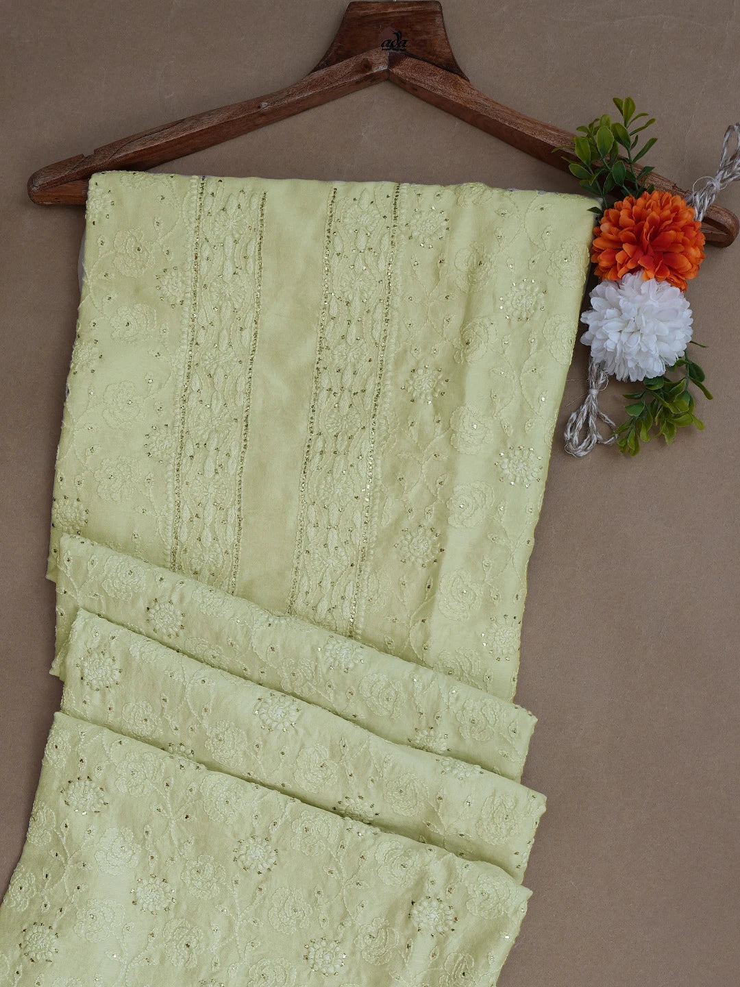 Ada Hand Embroidered Pista Green Chanderi Lucknowi Chikankari Unstitched Men's Kurta Piece With Mukaish Work 01A569177