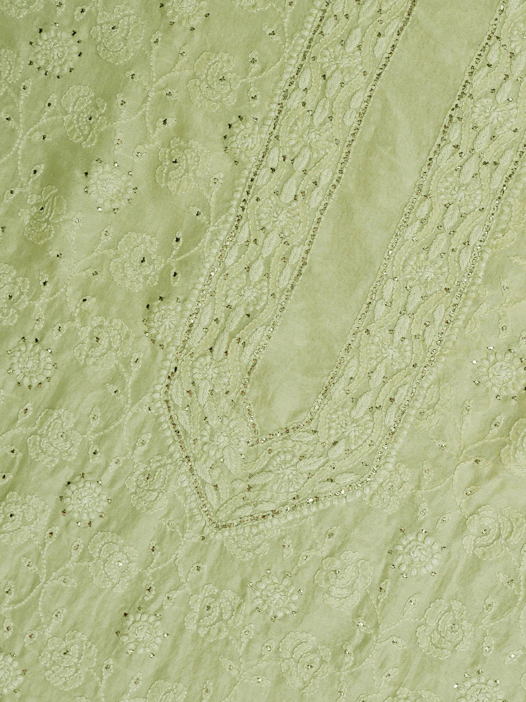 Ada Hand Embroidered Pista Green Chanderi Lucknowi Chikankari Unstitched Men's Kurta Piece With Mukaish Work 01A569177