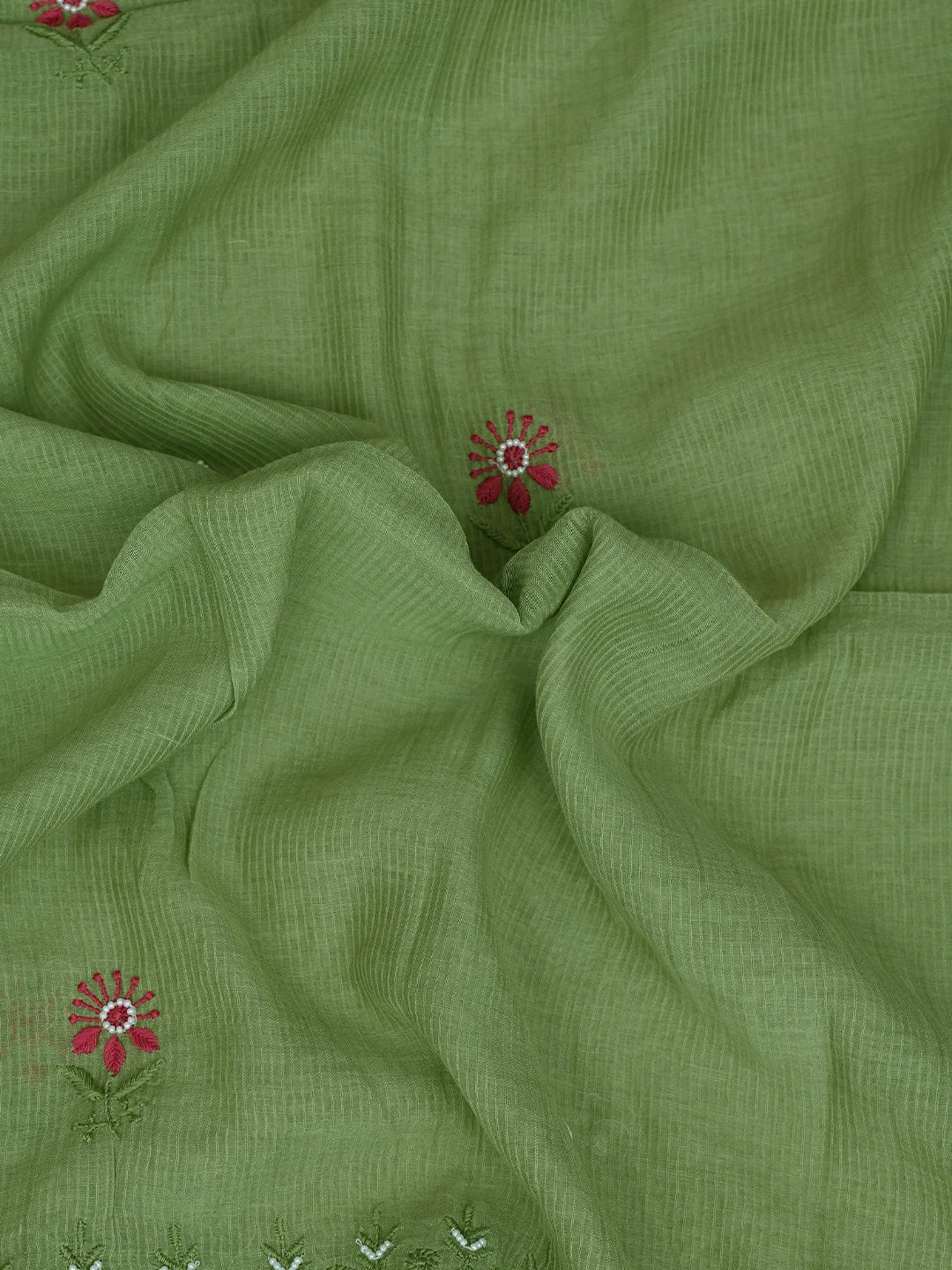 Ada Hand Embroidered Green Chanderi Lucknowi Chikankari Unstitched Kurta Dupatta Set With Pearl Work 01A752417