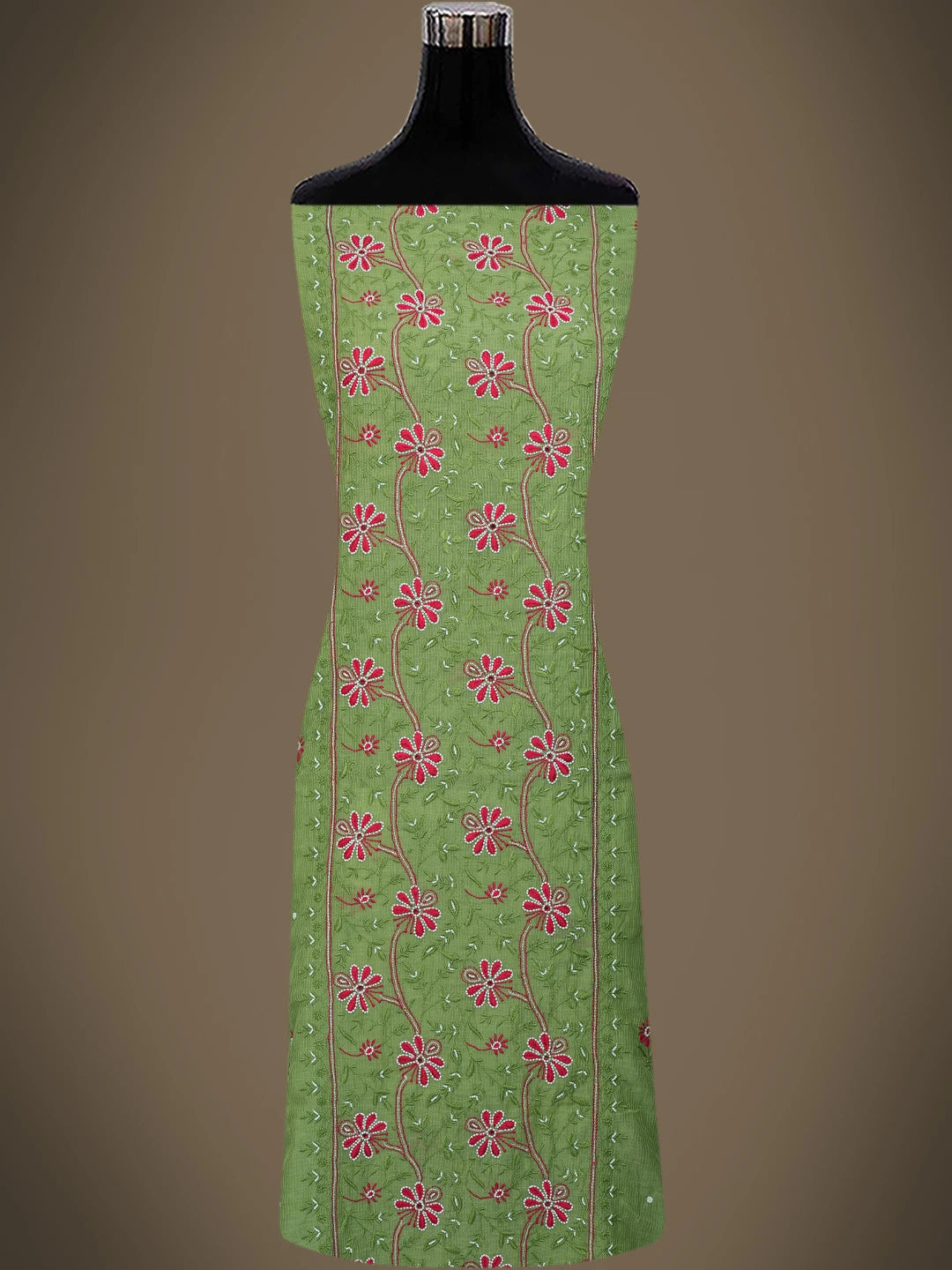 Ada Hand Embroidered Green Chanderi Lucknowi Chikankari Unstitched Kurta Dupatta Set With Pearl Work 01A752417