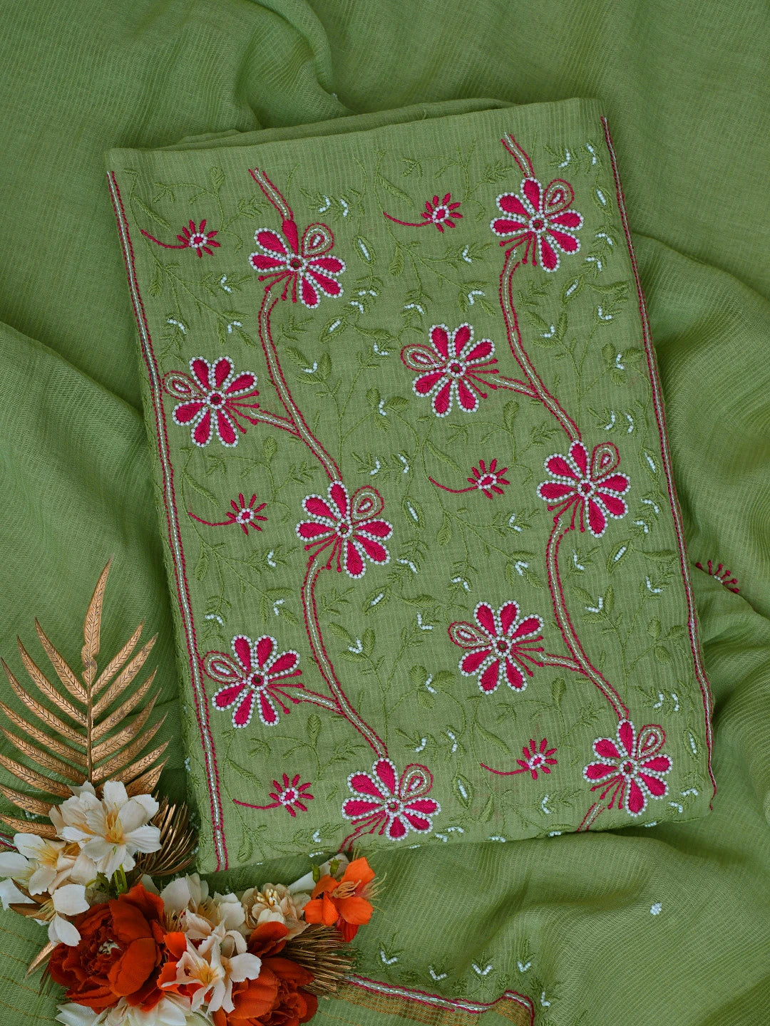Ada Hand Embroidered Green Chanderi Lucknowi Chikankari Unstitched Kurta Dupatta Set With Pearl Work 01A752417