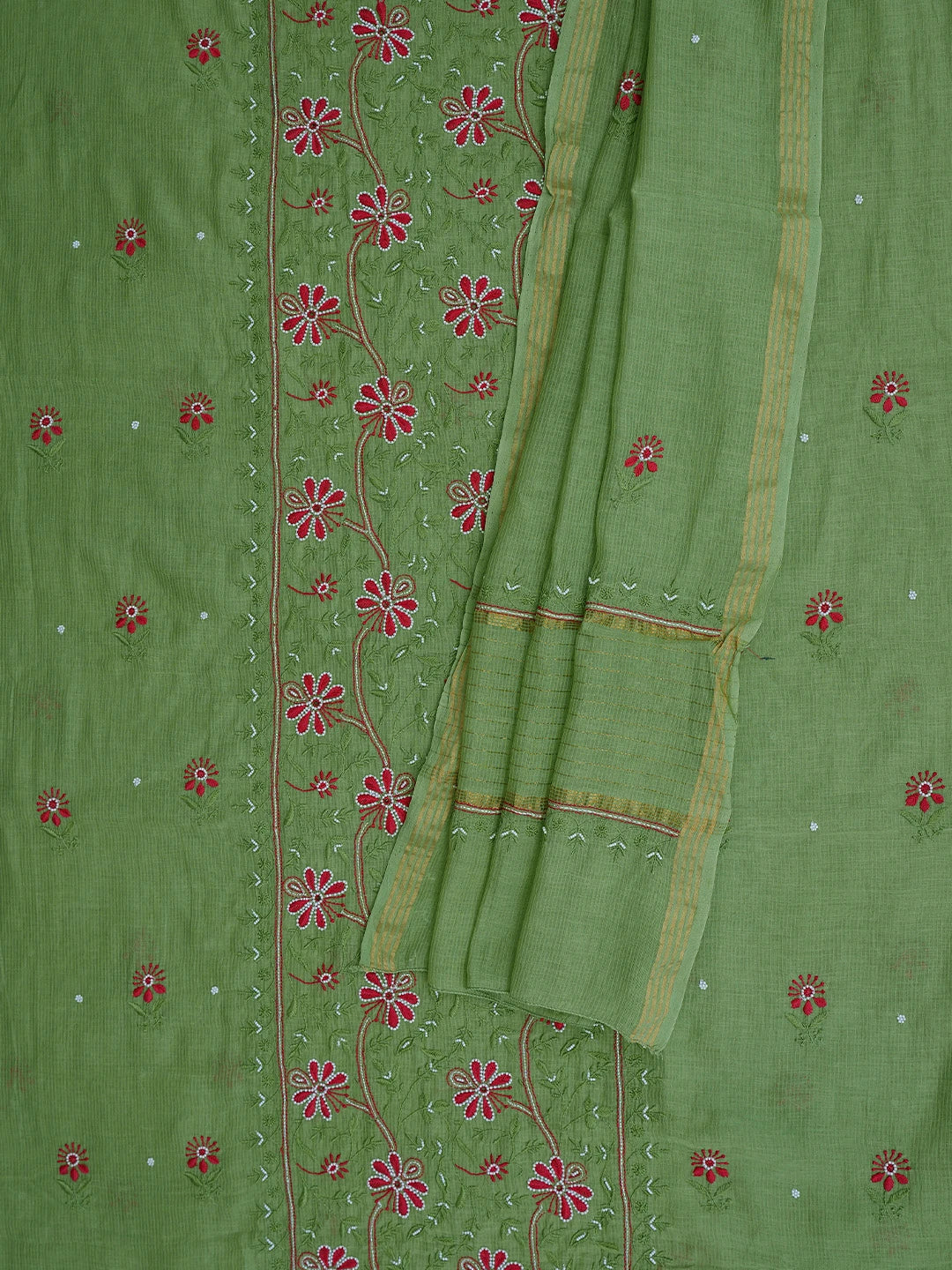 Ada Hand Embroidered Green Chanderi Lucknowi Chikankari Unstitched Kurta Dupatta Set With Pearl Work 01A752417