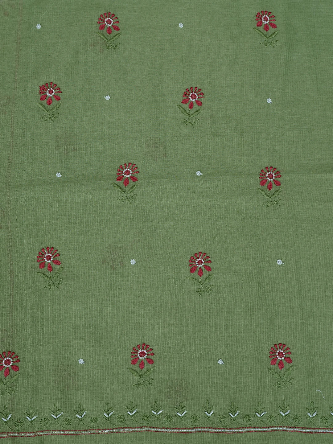 Ada Hand Embroidered Green Chanderi Lucknowi Chikankari Unstitched Kurta Dupatta Set With Pearl Work 01A752417