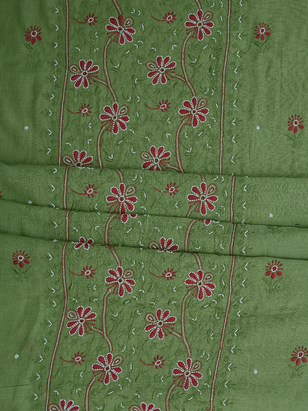 Ada Hand Embroidered Green Chanderi Lucknowi Chikankari Unstitched Kurta Dupatta Set With Pearl Work 01A752417