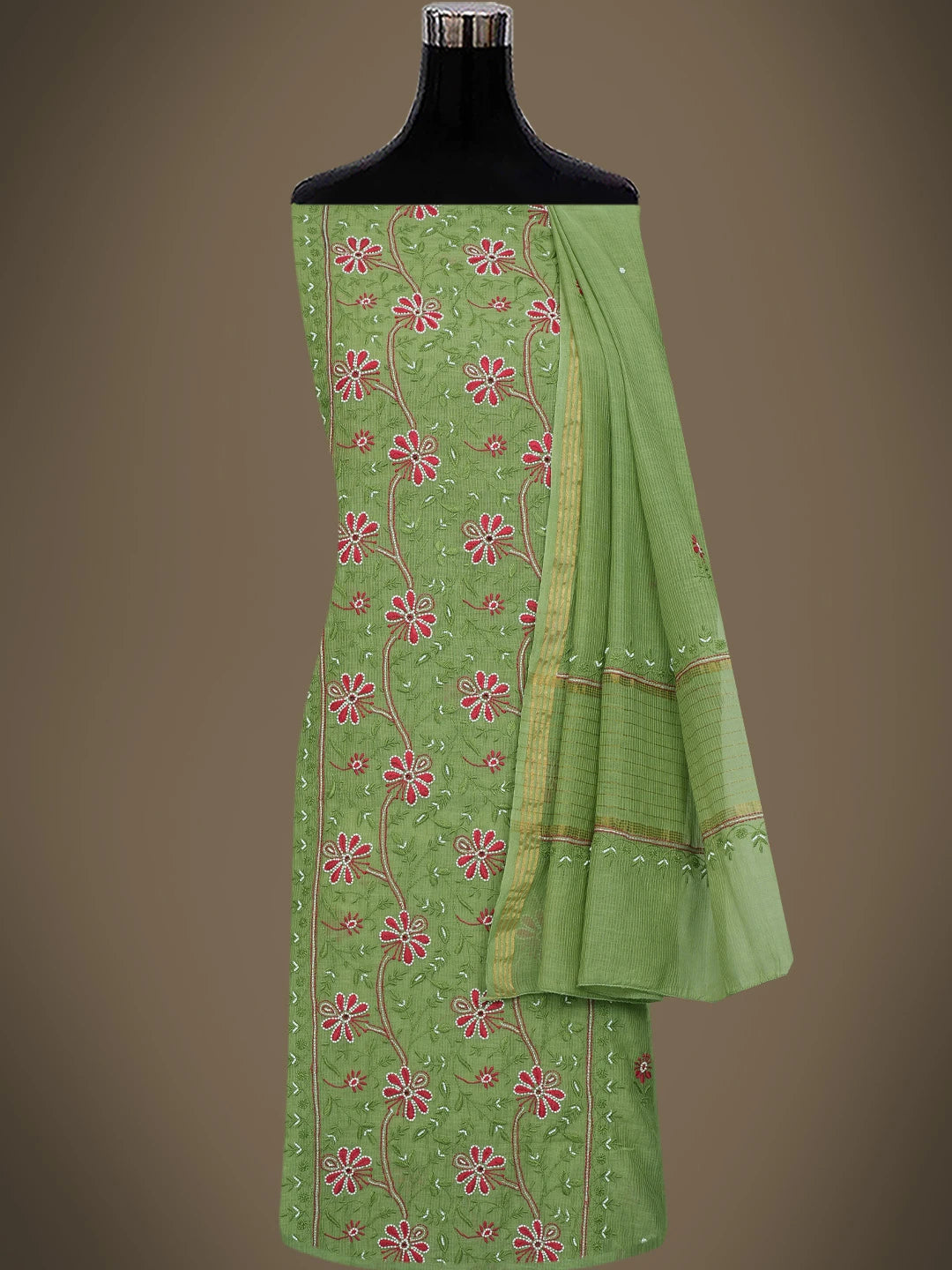 Ada Hand Embroidered Green Chanderi Lucknowi Chikankari Unstitched Kurta Dupatta Set With Pearl Work 01A752417