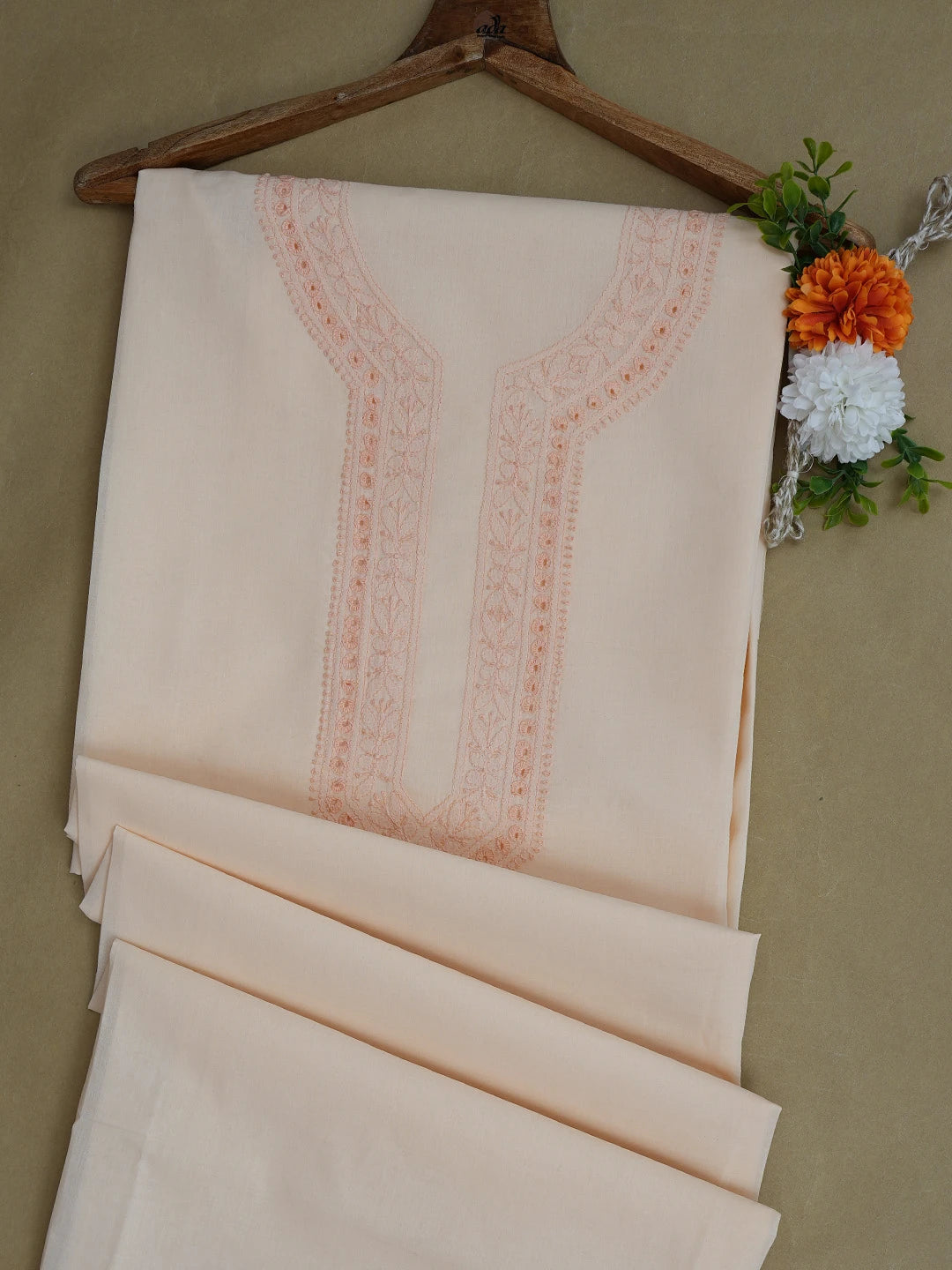 Ada Hand Embroidered Crayola Peach Cotton Lucknowi Chikankari Unstitched Men's Kurta Piece 01A752658