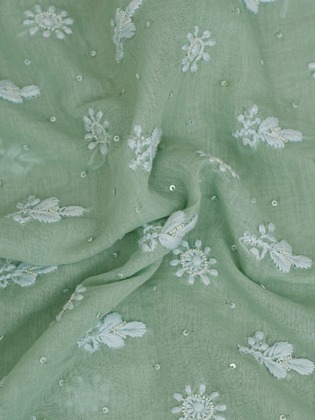 Ada Hand Embroidered Green Chanderi Lucknowi Chikankari Unstitched Men's Kurta Piece With Cutdana Work 01A708585