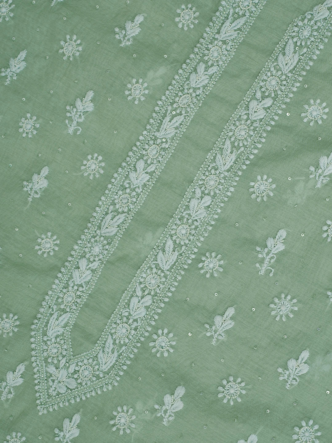 Ada Hand Embroidered Green Chanderi Lucknowi Chikankari Unstitched Men's Kurta Piece With Cutdana Work 01A708585