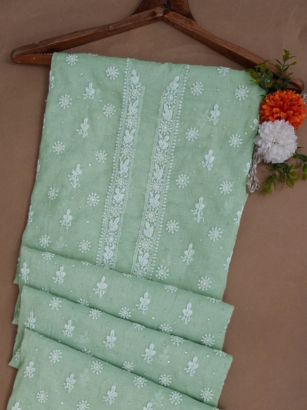 Ada Hand Embroidered Green Chanderi Lucknowi Chikankari Unstitched Men's Kurta Piece With Cutdana Work 01A708585
