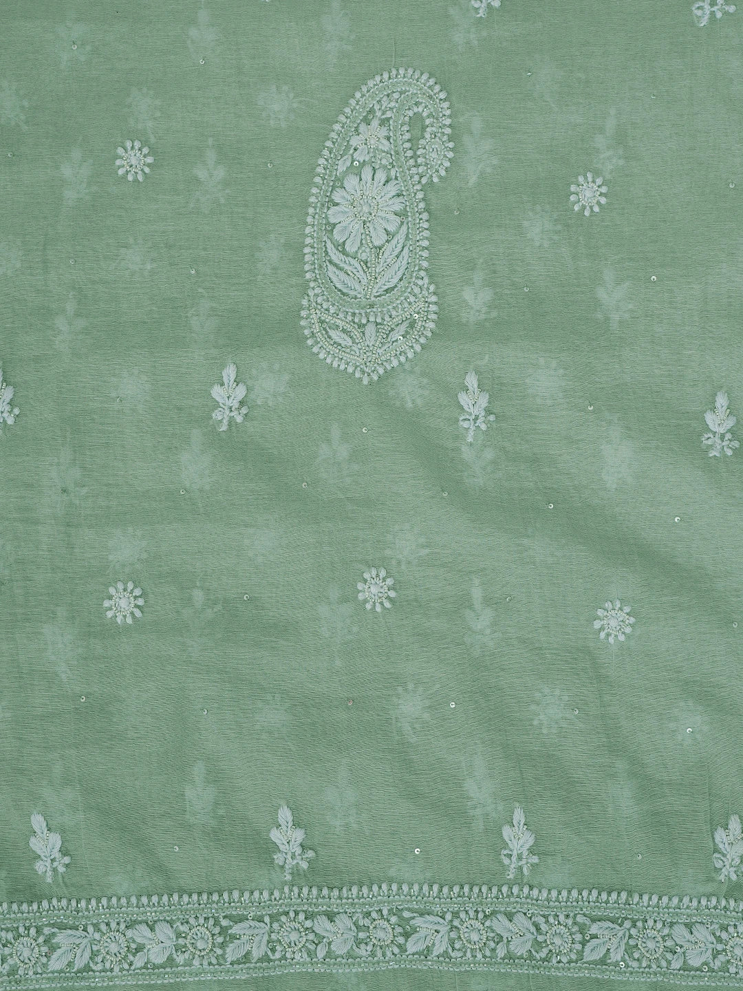 Ada Hand Embroidered Green Chanderi Lucknowi Chikankari Unstitched Men's Kurta Piece With Cutdana Work 01A708585