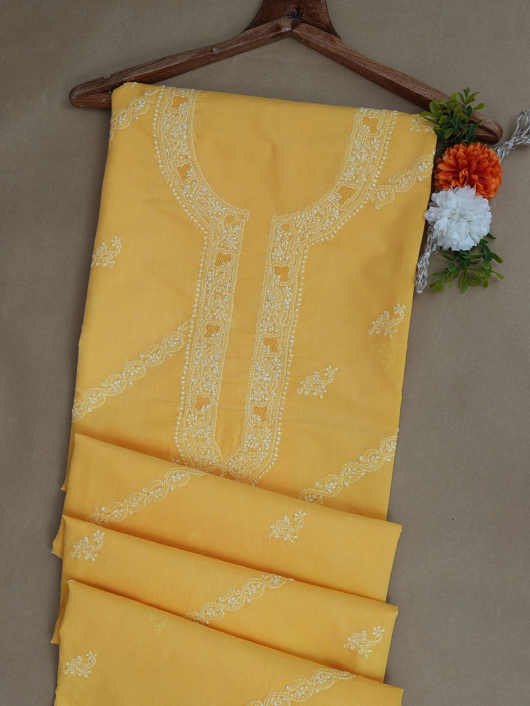 Ada Hand Embroidered Yellow Cotton Lucknowi Chikankari Unstitched Men's Kurta Piece 01A706122