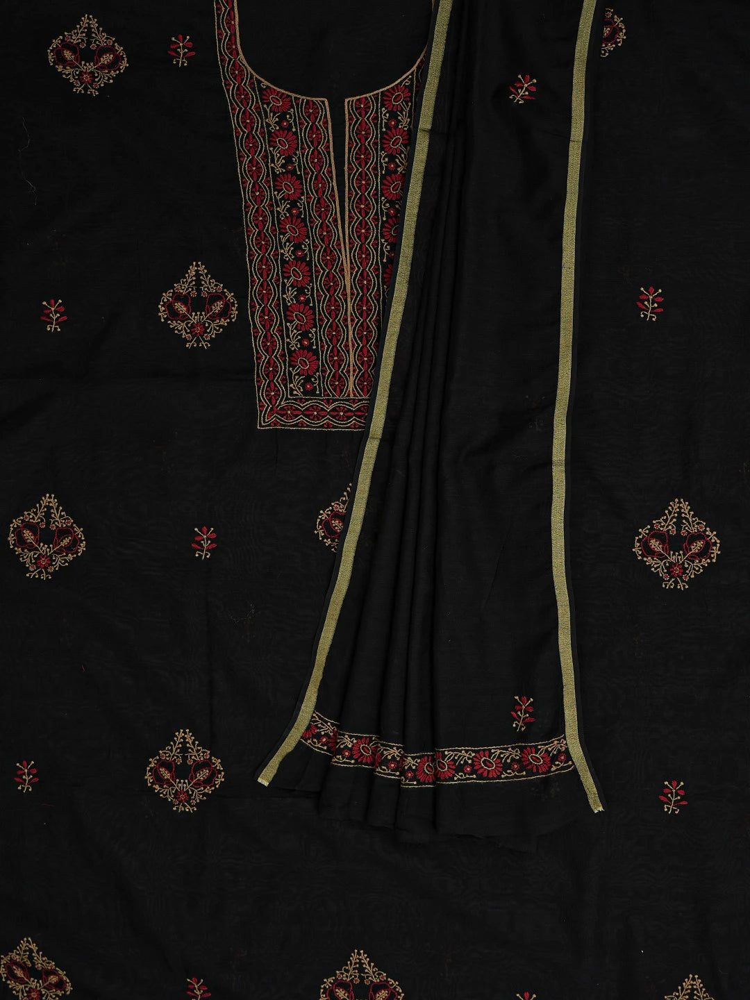 Ada Hand Embroidered Black Chanderi Lucknowi Chikankari Unstitched Kurta Dupatta Set 01A752337