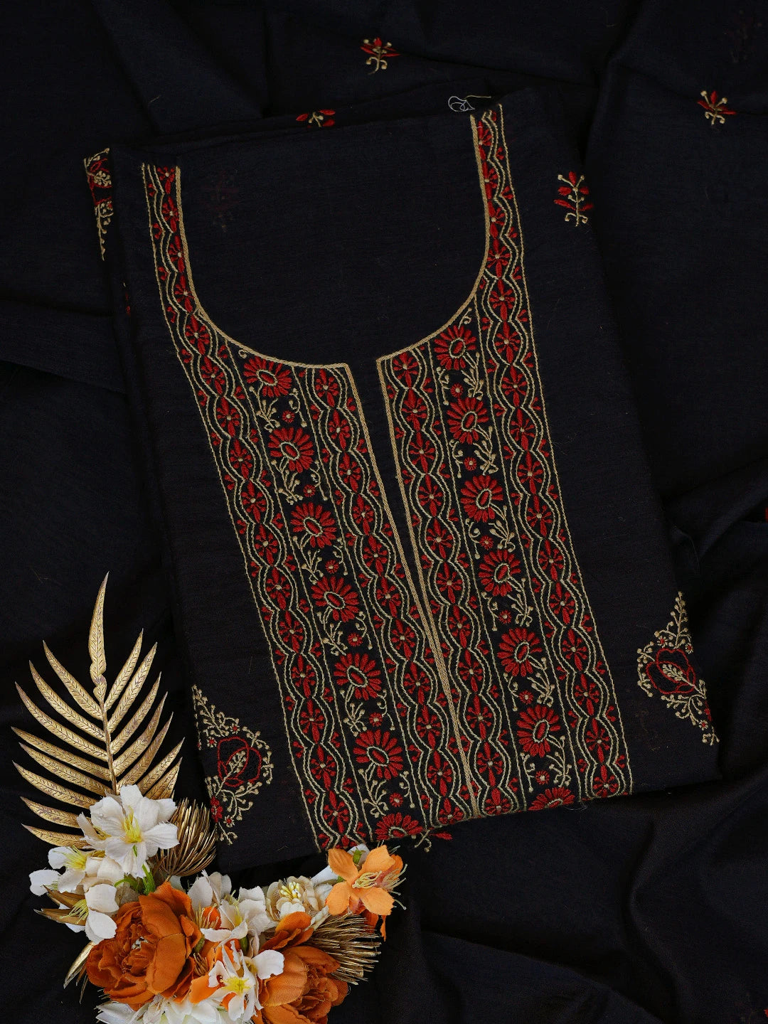Ada Hand Embroidered Black Chanderi Lucknowi Chikankari Unstitched Kurta Dupatta Set 01A752337