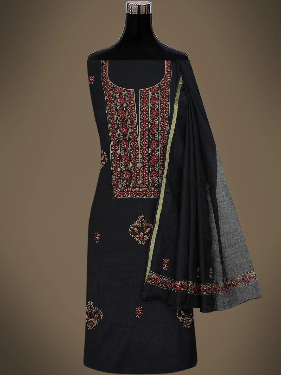 Ada Hand Embroidered Black Chanderi Lucknowi Chikankari Unstitched Kurta Dupatta Set 01A752337