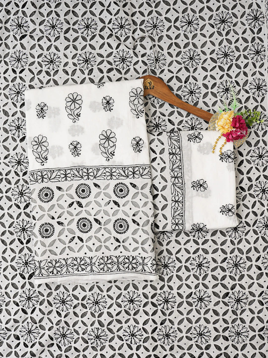Ada Hand Embroidered White Cotton Lucknowi Chikankari Unstitched Suit Piece 01A735879
