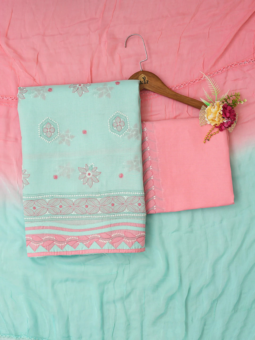 Ada Hand Embroidered Sea Green Cotton Lucknowi Chikankari Unstitched Suit Piece 01A630526