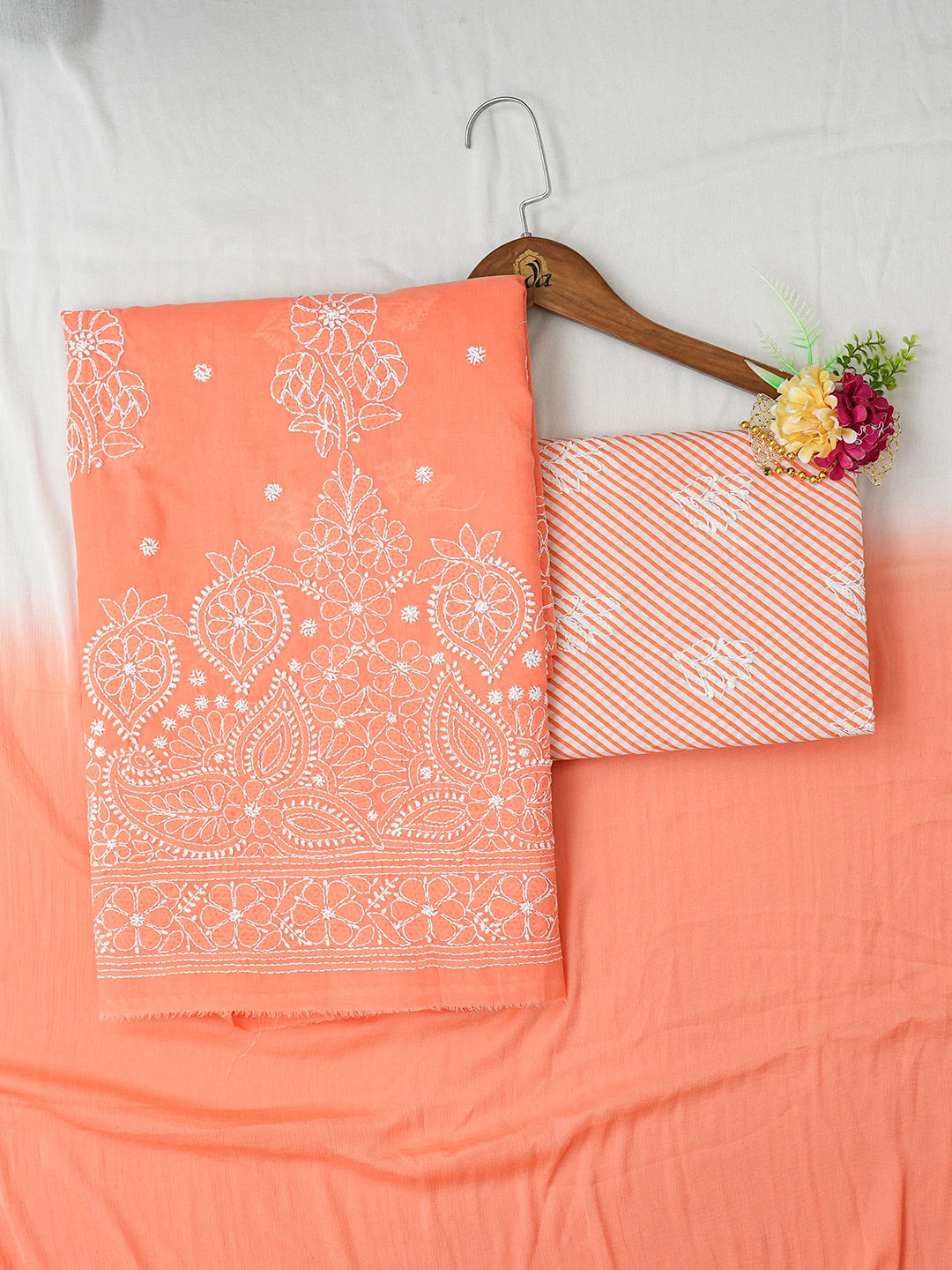 Ada Hand Embroidered Peach Cotton Lucknowi Chikankari Unstitched Suit Piece 01A753942