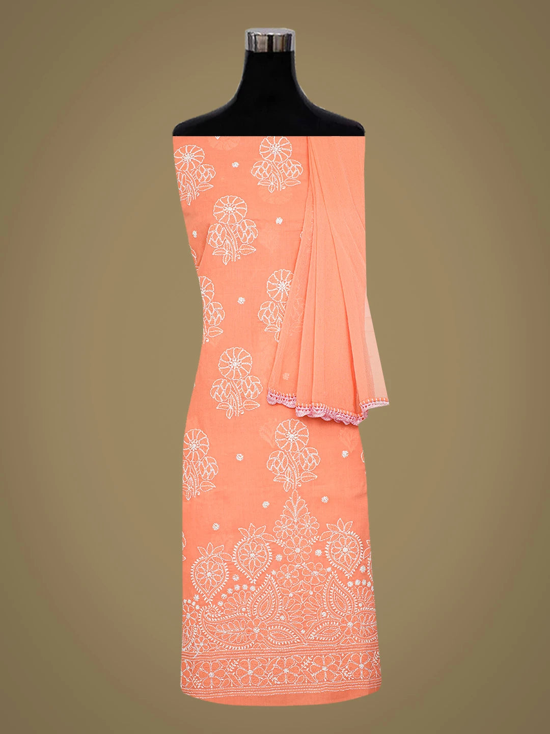 Ada Hand Embroidered Peach Cotton Lucknowi Chikankari Unstitched Suit Piece 01A753942