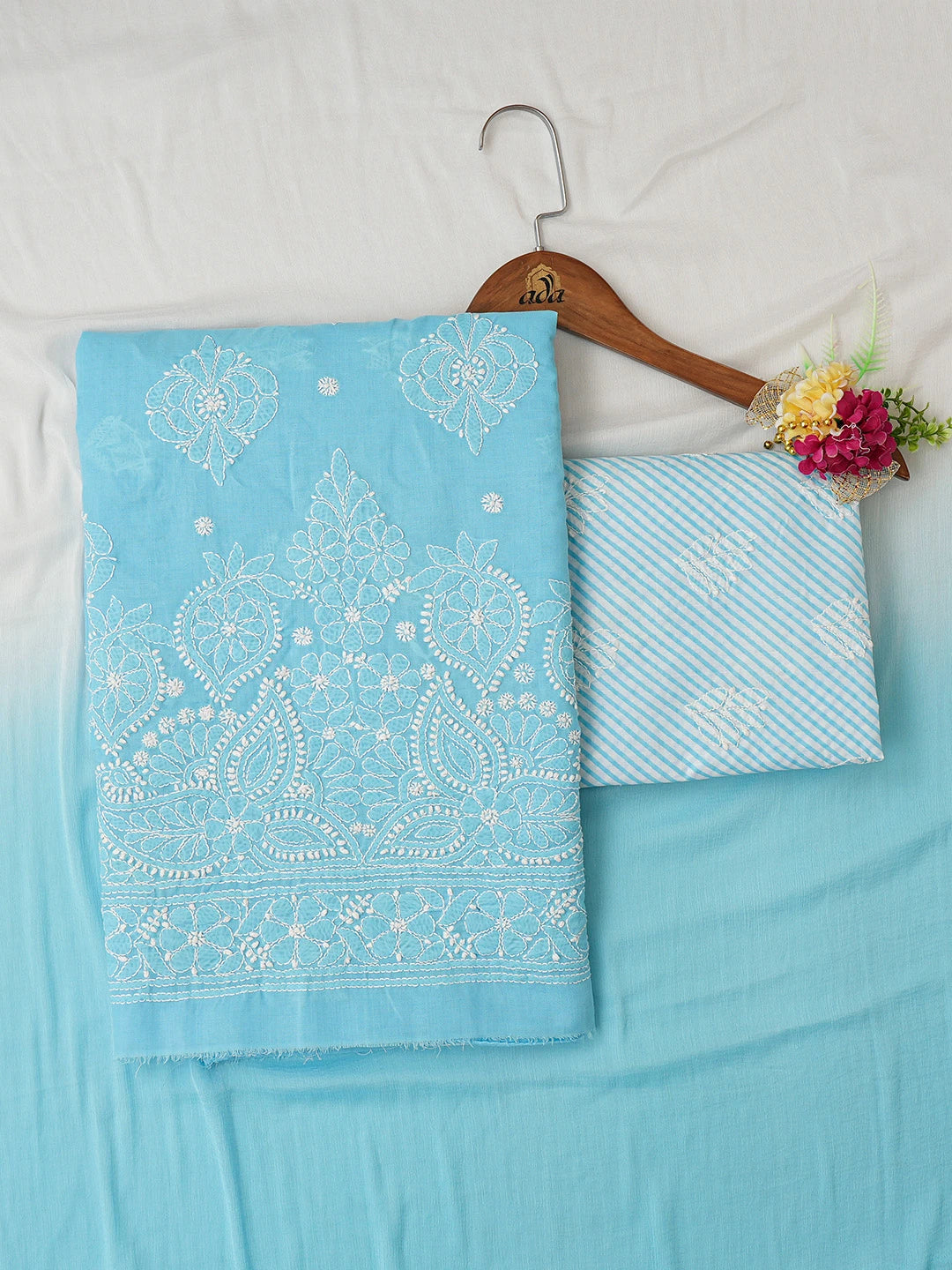 Ada Hand Embroidered Sky Blue Cotton Lucknowi Chikankari Unstitched Suit Piece 01A753914