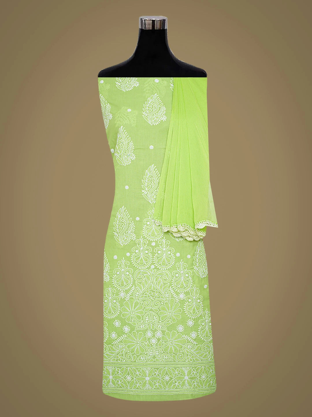 Ada Hand Embroidered Green Cotton Lucknowi Chikankari Unstitched Suit Piece 01A753933