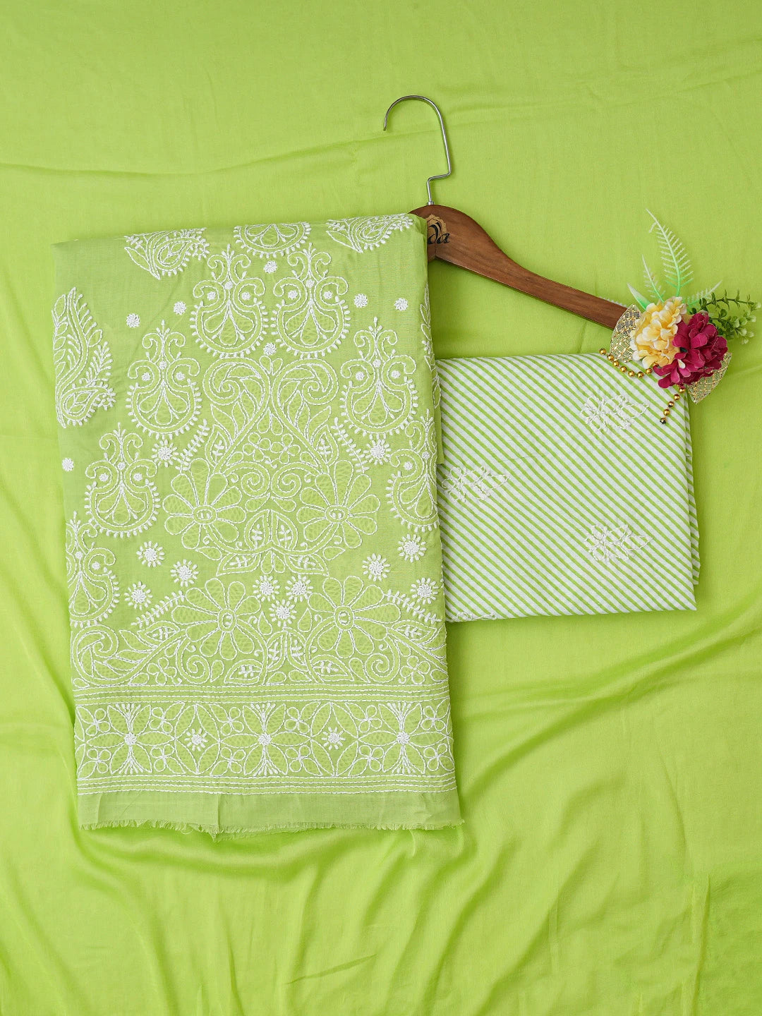 Ada Hand Embroidered Green Cotton Lucknowi Chikankari Unstitched Suit Piece 01A753933