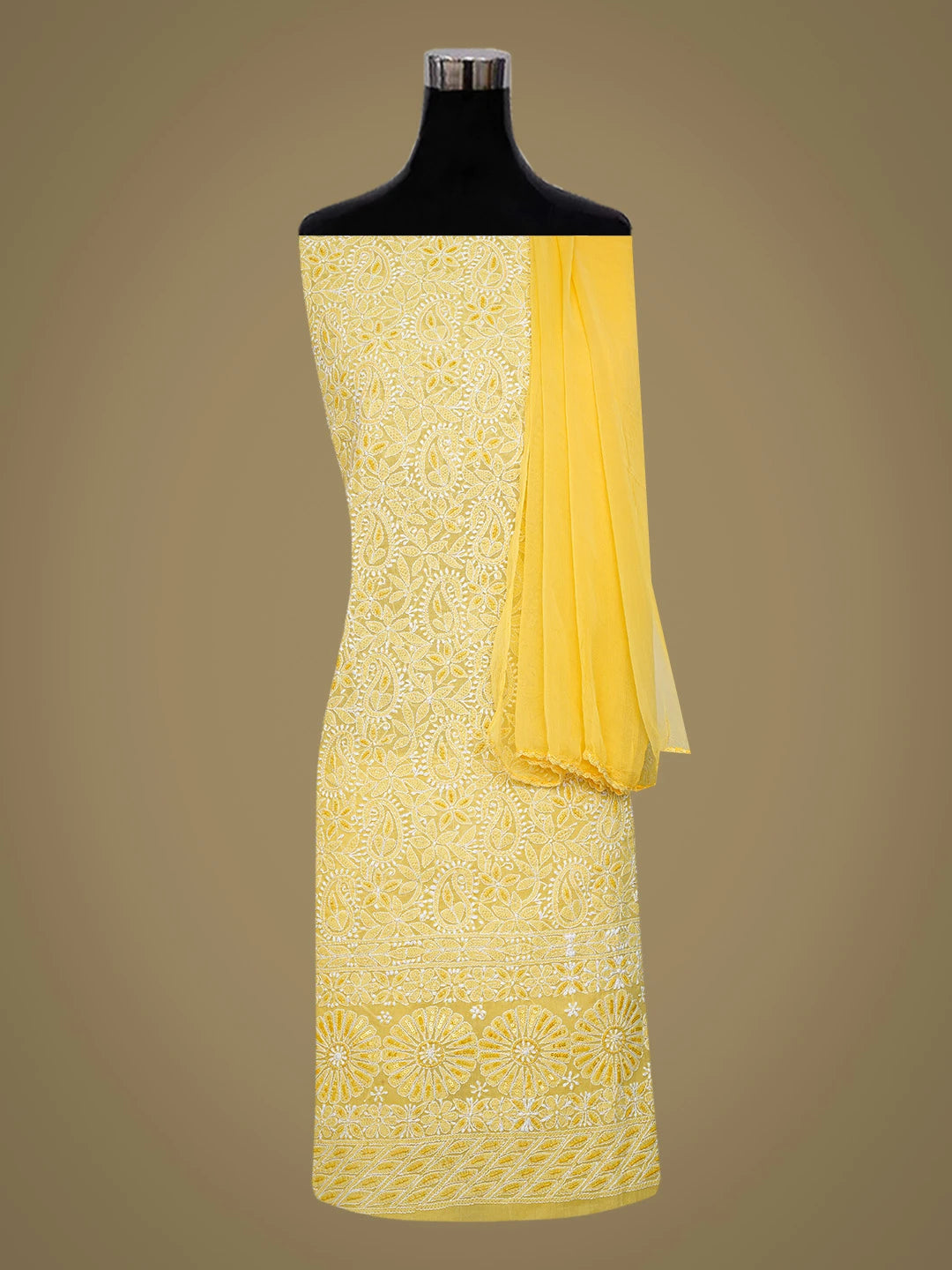 Ada Hand Embroidered Yellow Cotton Lucknowi Chikankari Unstitched Suit Piece With Cutdana Work 01A539218