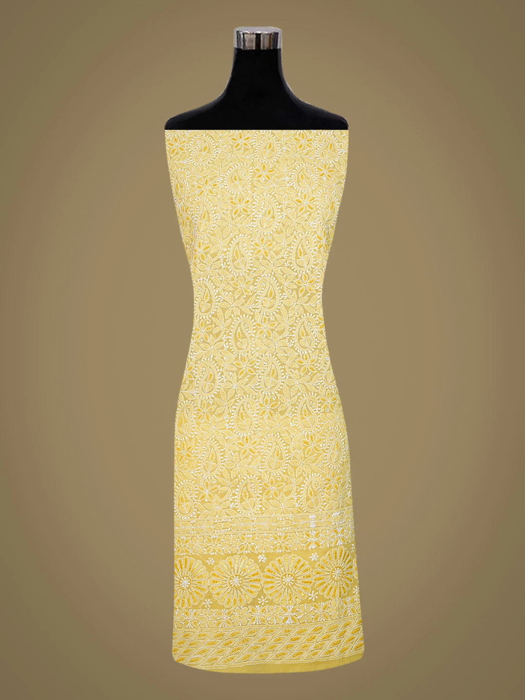 Ada Hand Embroidered Yellow Cotton Lucknowi Chikankari Unstitched Suit Piece With Cutdana Work 01A539218