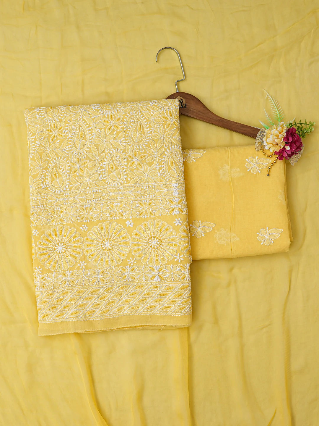Ada Hand Embroidered Yellow Cotton Lucknowi Chikankari Unstitched Suit Piece With Cutdana Work 01A539218