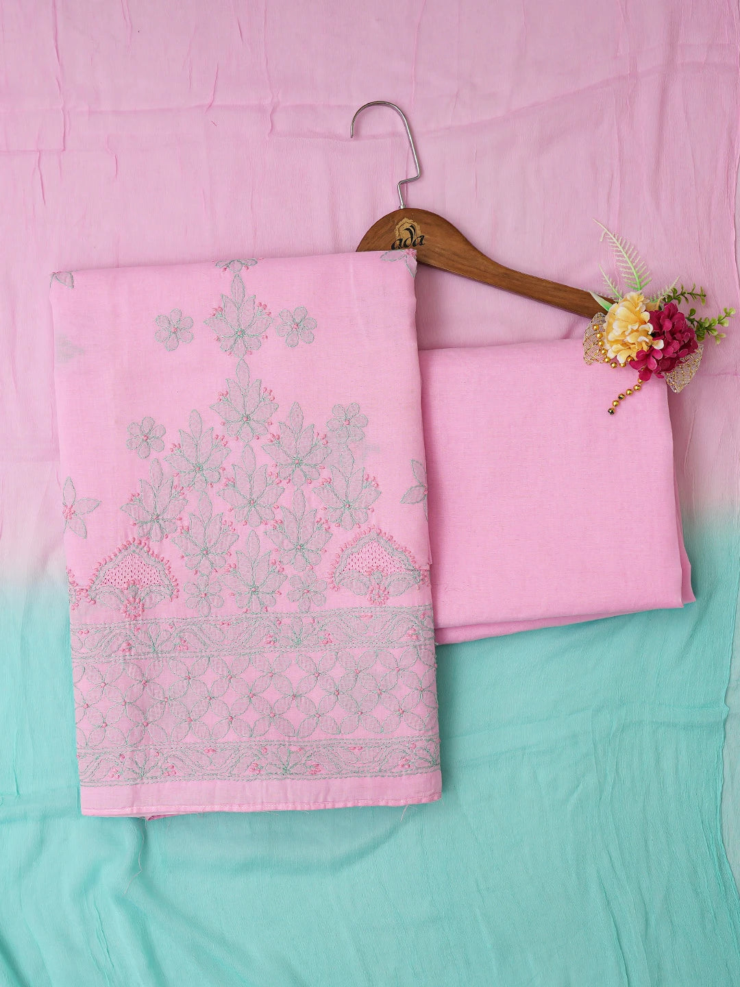 Ada Hand Embroidered Pink Cotton Lucknowi Chikankari Unstitched Suit Piece 01A630622