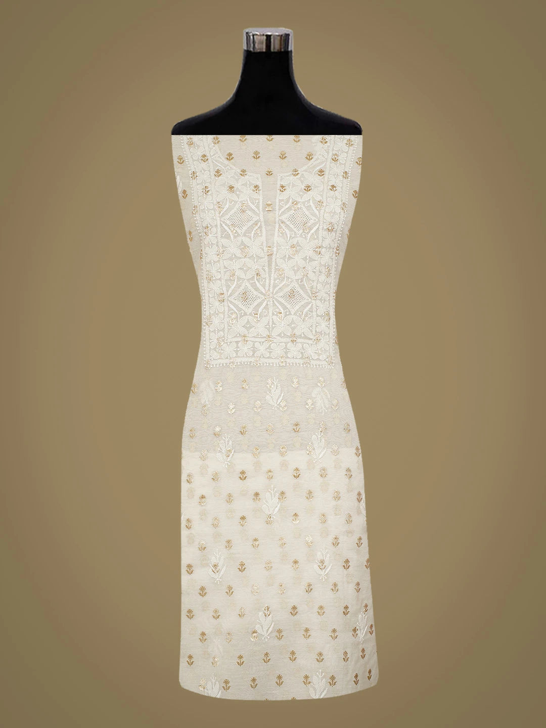 Ada Hand Embroidered White Chanderi Lucknowi Chikankari Unstitched Kurta Dupatta Set With Zari Work 01A722402