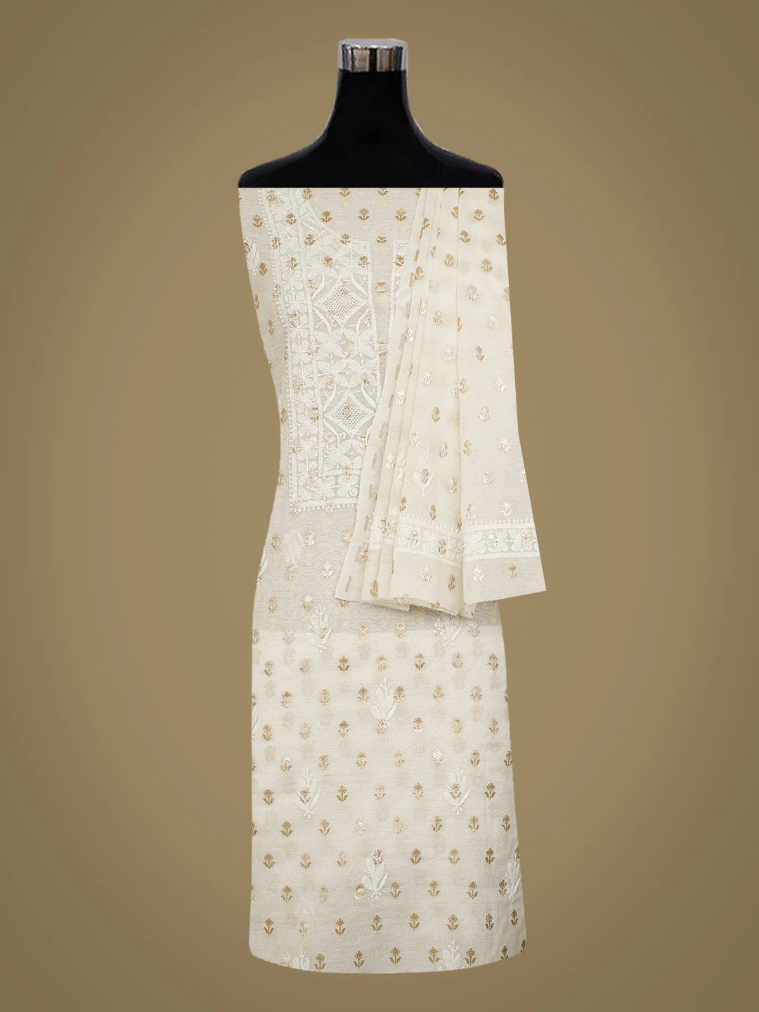 Ada Hand Embroidered White Chanderi Lucknowi Chikankari Unstitched Kurta Dupatta Set With Zari Work 01A722402