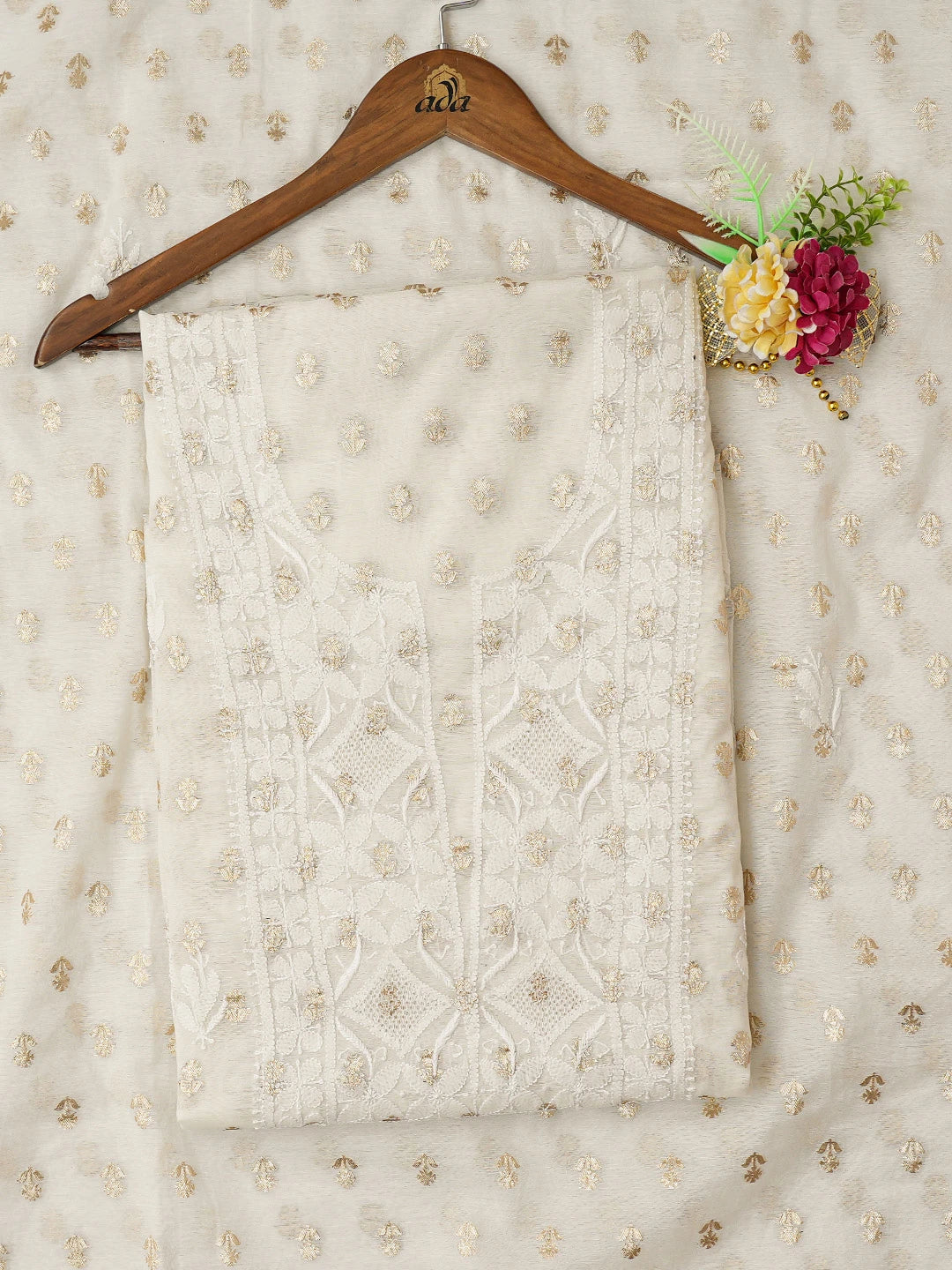 Ada Hand Embroidered White Chanderi Lucknowi Chikankari Unstitched Kurta Dupatta Set With Zari Work 01A722402