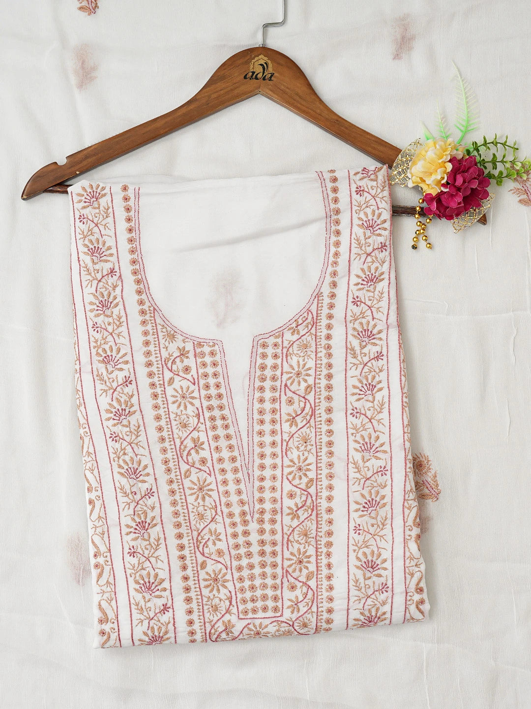 Ada Hand Embroidered White Modal Lucknowi Chikankari Unstitched Kurta Dupatta Set 01A307529