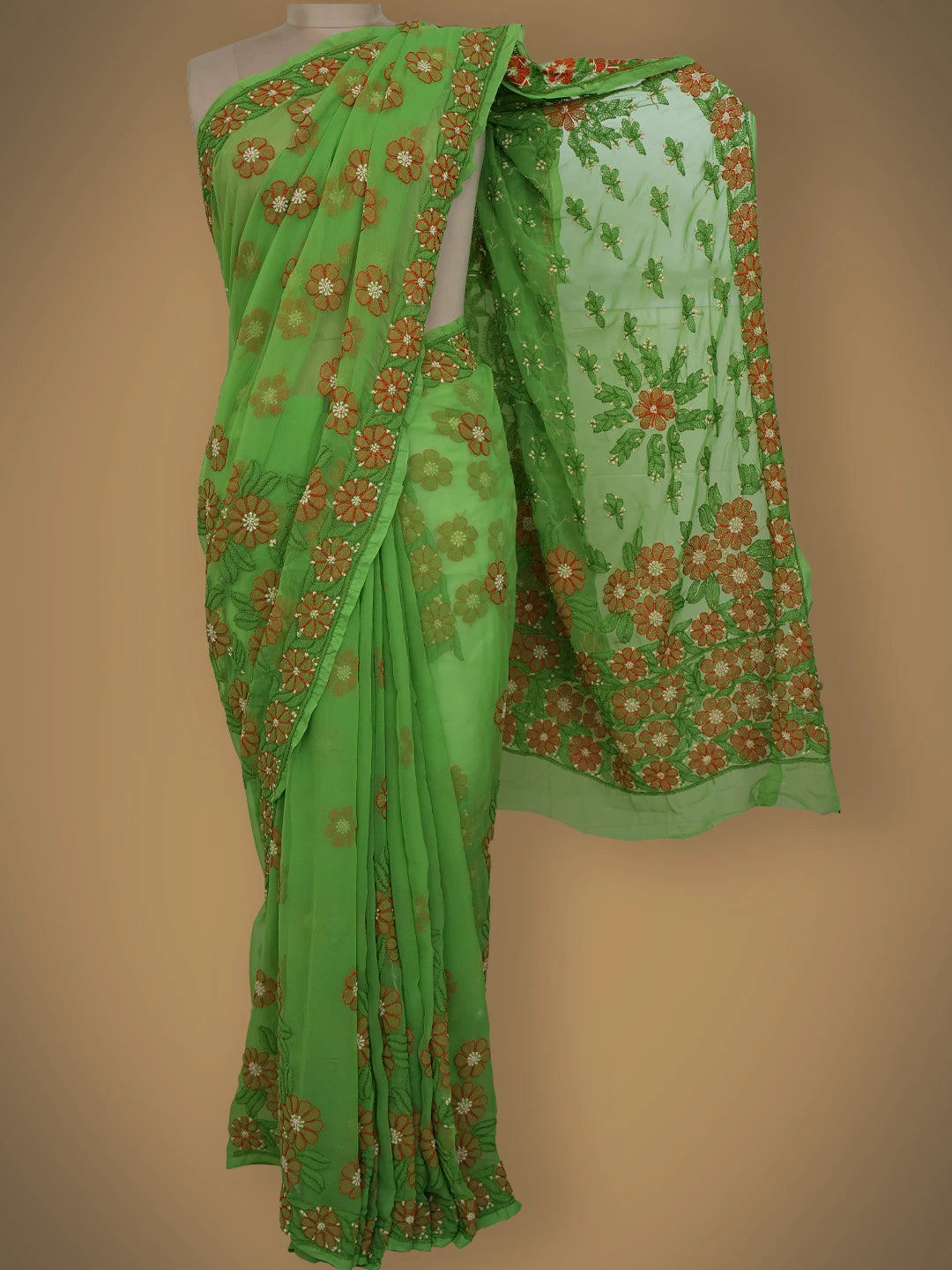 Ada Hand Embroidered Avocado Green Georgette Lucknowi Chikankari Saree With Blouse 01A748595