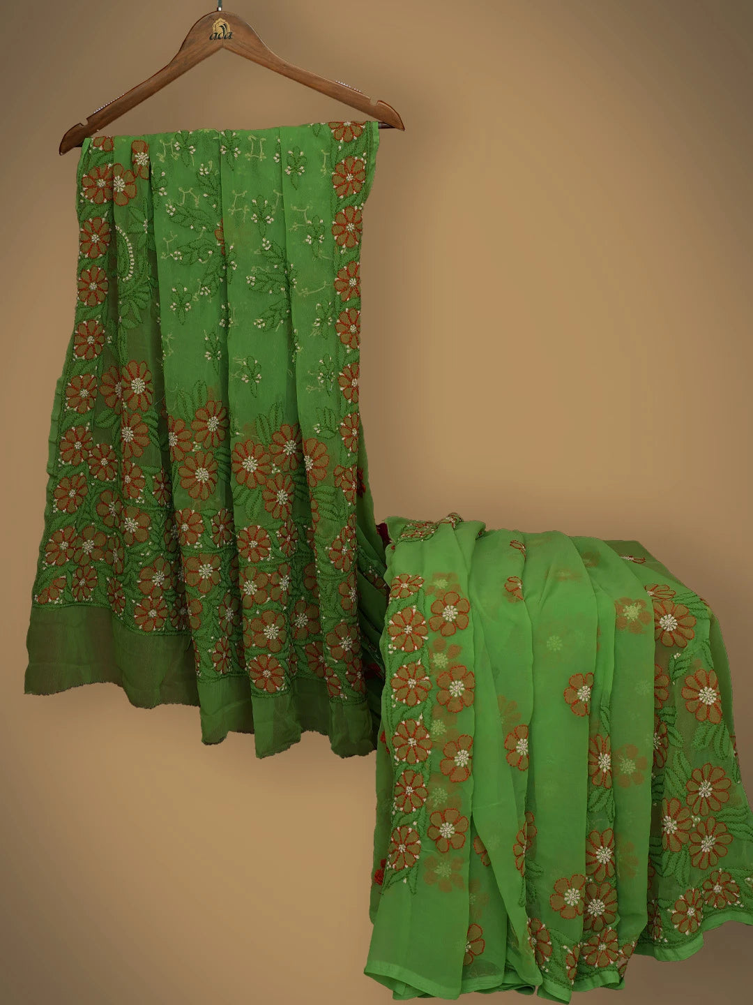 Ada Hand Embroidered Avocado Green Georgette Lucknowi Chikankari Saree With Blouse 01A748595