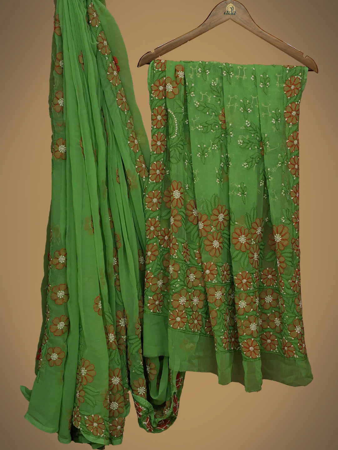 Ada Hand Embroidered Avocado Green Georgette Lucknowi Chikankari Saree With Blouse 01A748595
