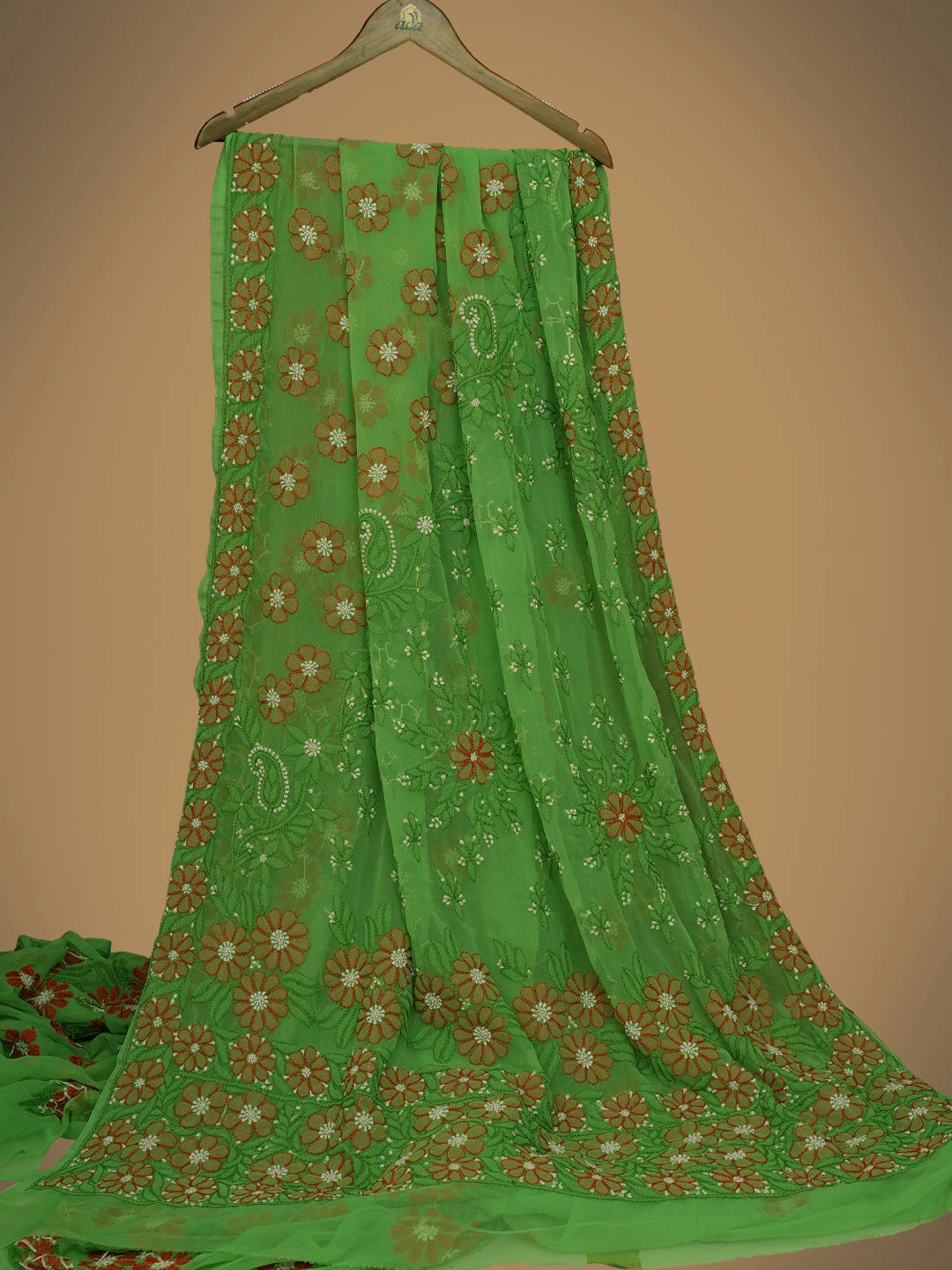 Ada Hand Embroidered Avocado Green Georgette Lucknowi Chikankari Saree With Blouse 01A748595
