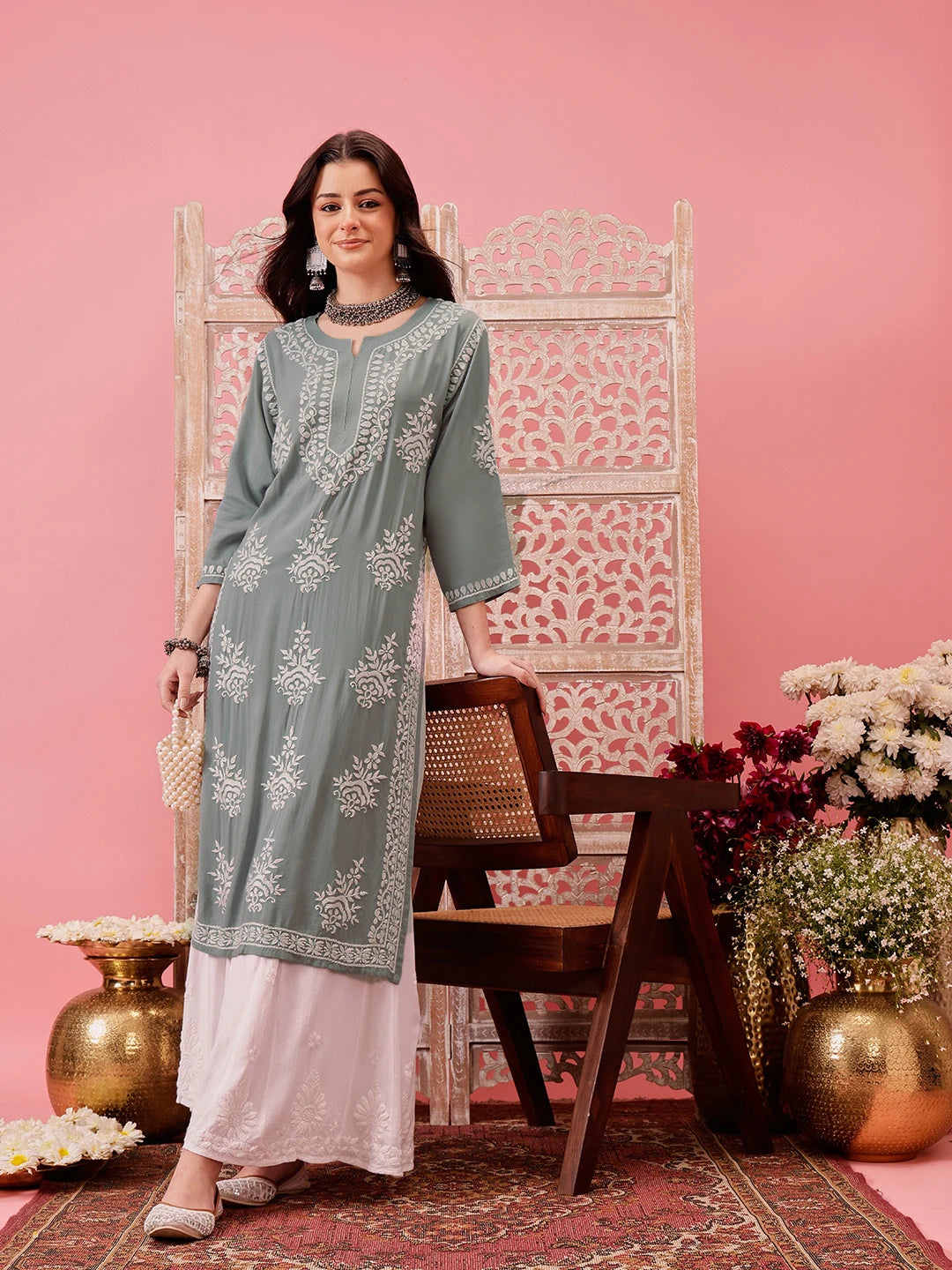 Ada Hand Embroidered Grey Modal Lucknowi Chikankari Straight Kurta A411761