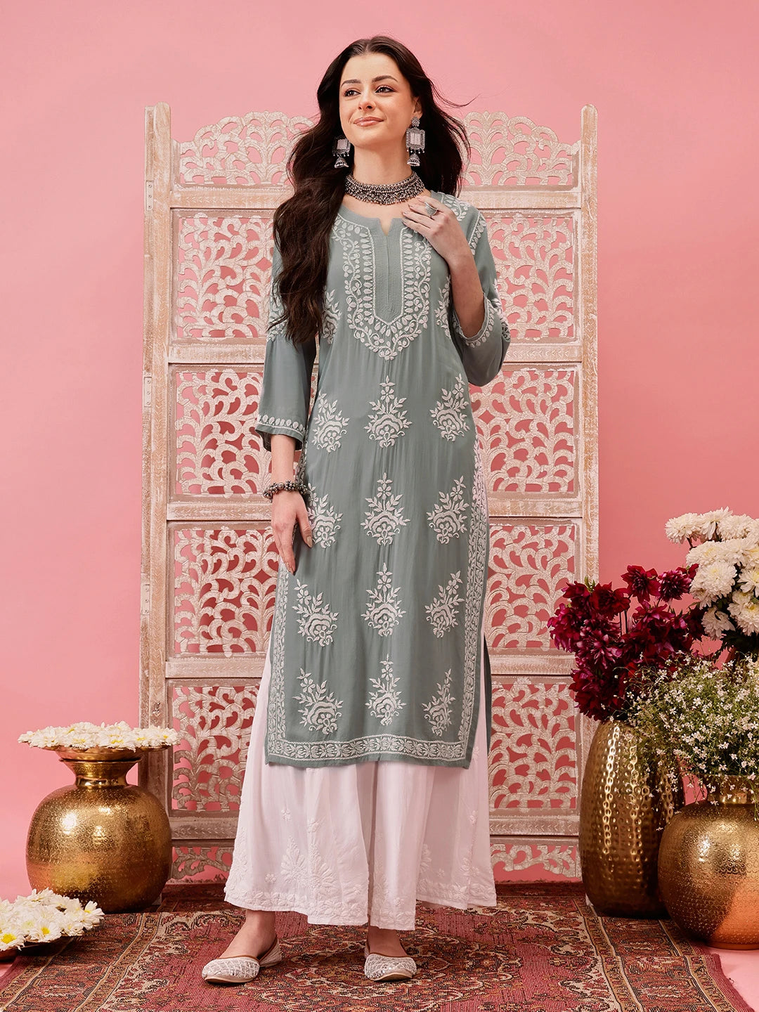 Ada Hand Embroidered Grey Modal Lucknowi Chikankari Straight Kurta A411761