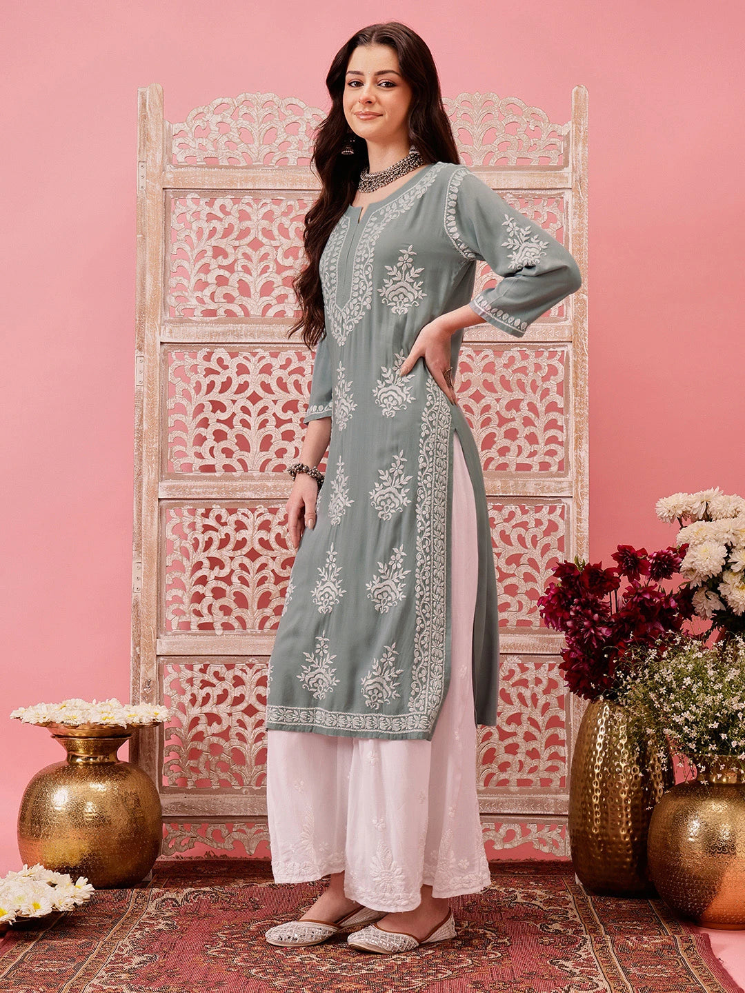 Ada Hand Embroidered Grey Modal Lucknowi Chikankari Straight Kurta A411761