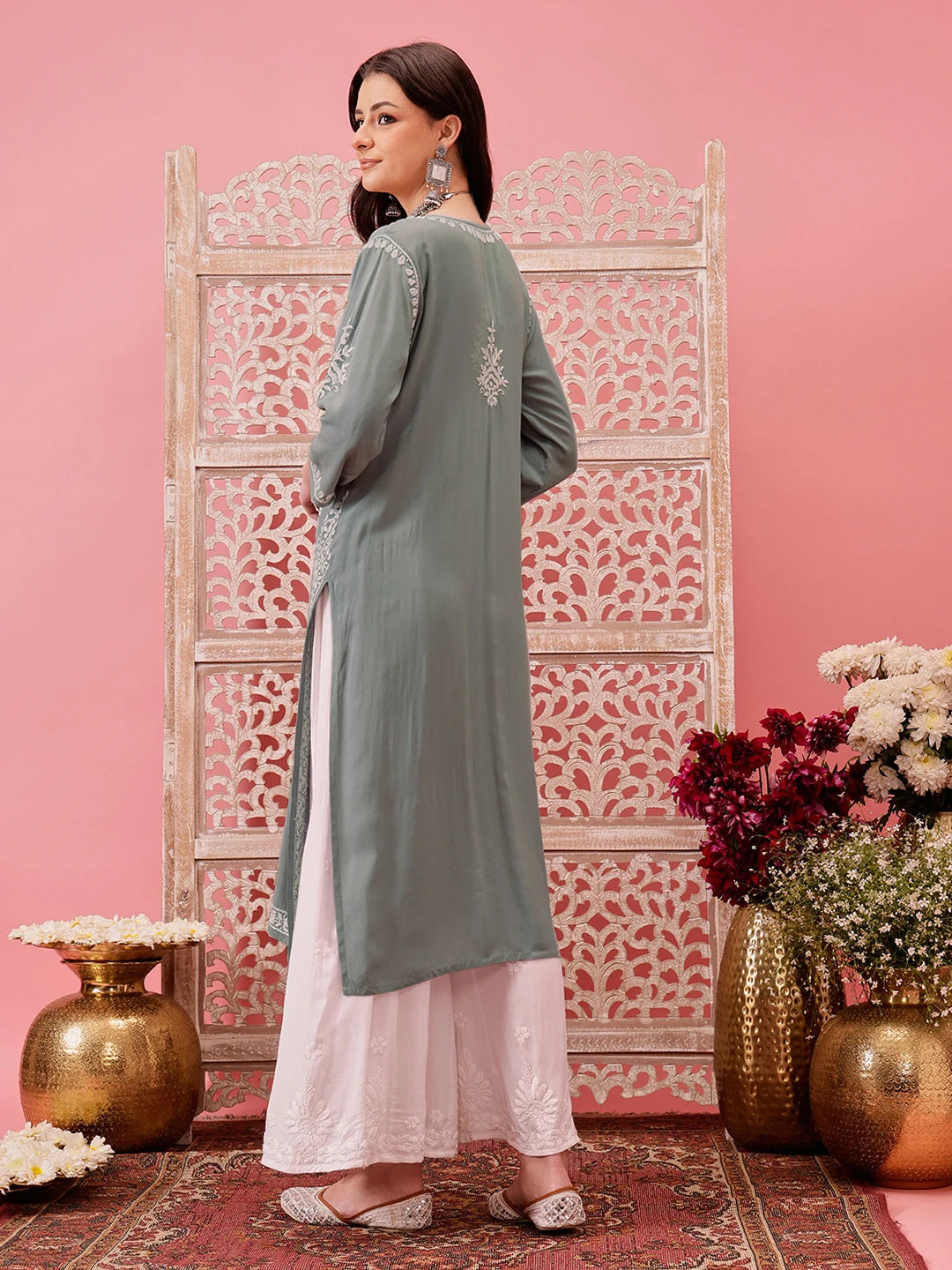 Ada Hand Embroidered Grey Modal Lucknowi Chikankari Straight Kurta A411761