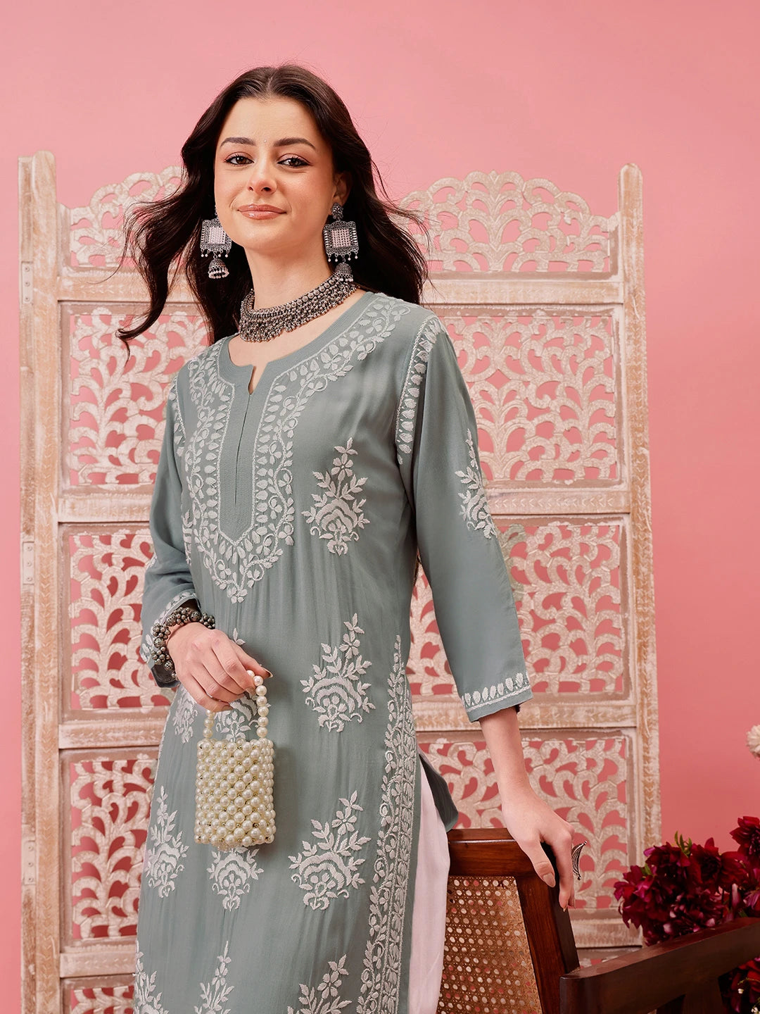 Ada Hand Embroidered Grey Modal Lucknowi Chikankari Straight Kurta A411761