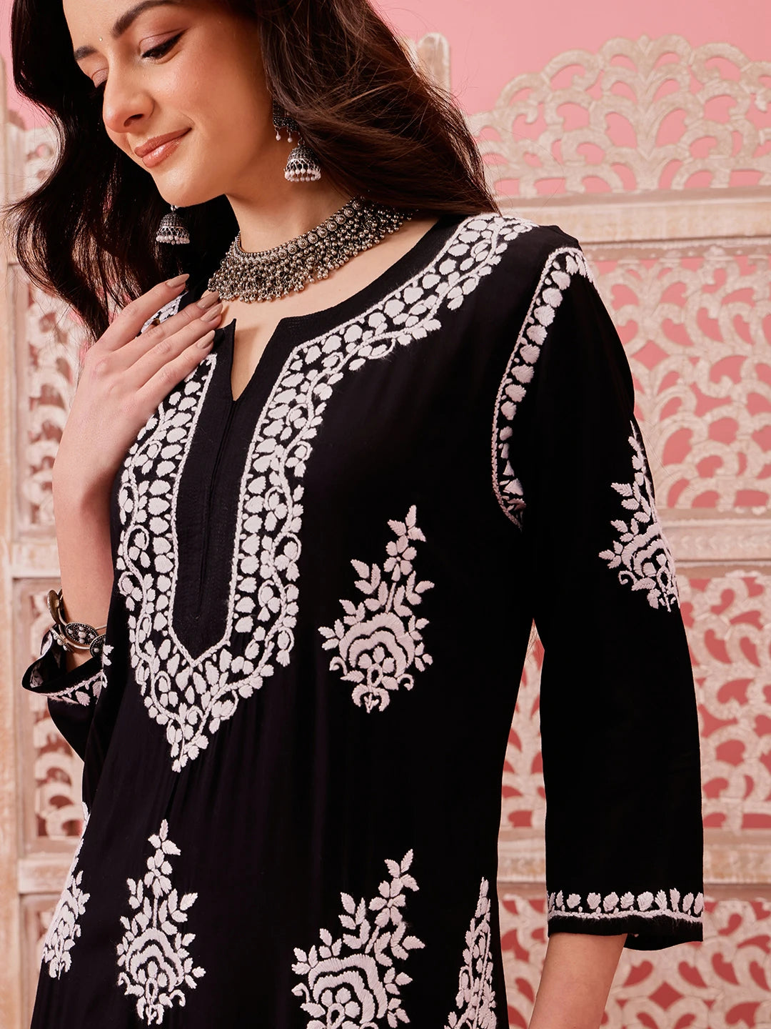 Ada Hand Embroidered Black Modal Lucknowi Chikankari Straight Kurta A411756