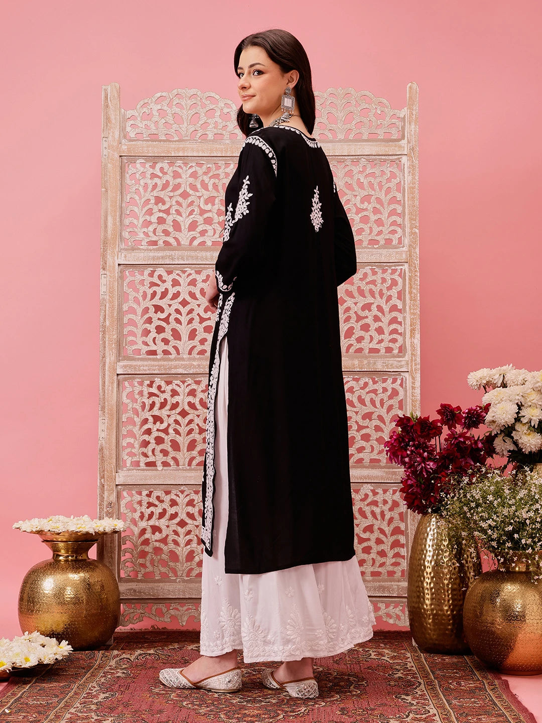 Ada Hand Embroidered Black Modal Lucknowi Chikankari Straight Kurta A411756