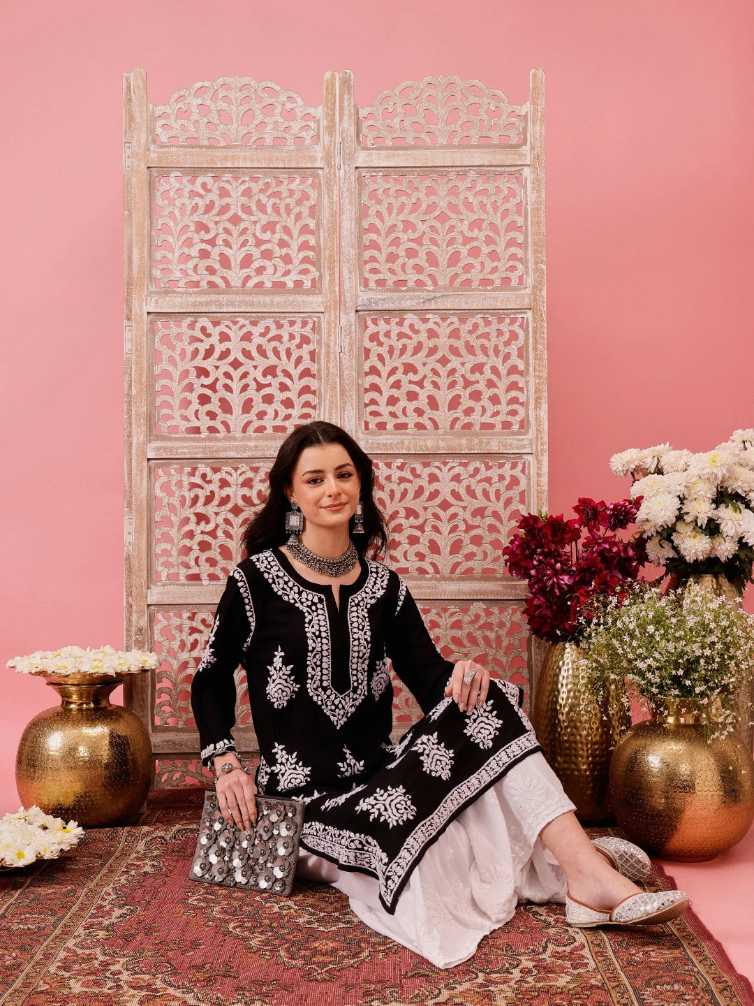 Ada Hand Embroidered Black Modal Lucknowi Chikankari Straight Kurta A411756