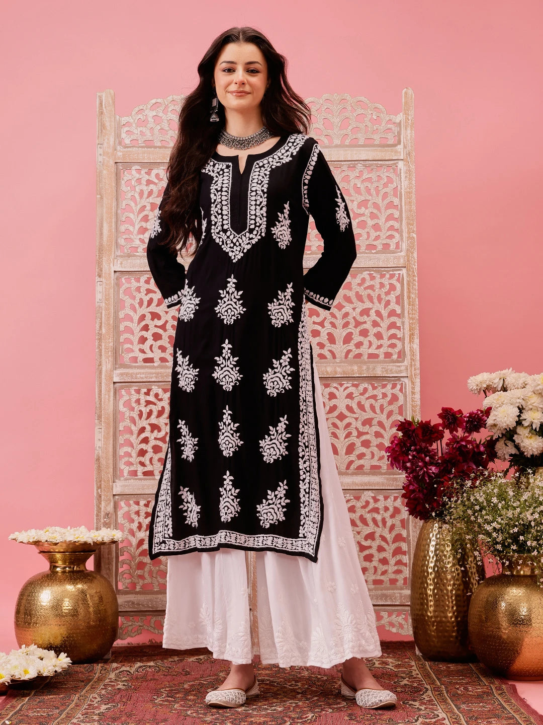 Ada Hand Embroidered Black Modal Lucknowi Chikankari Straight Kurta A411756