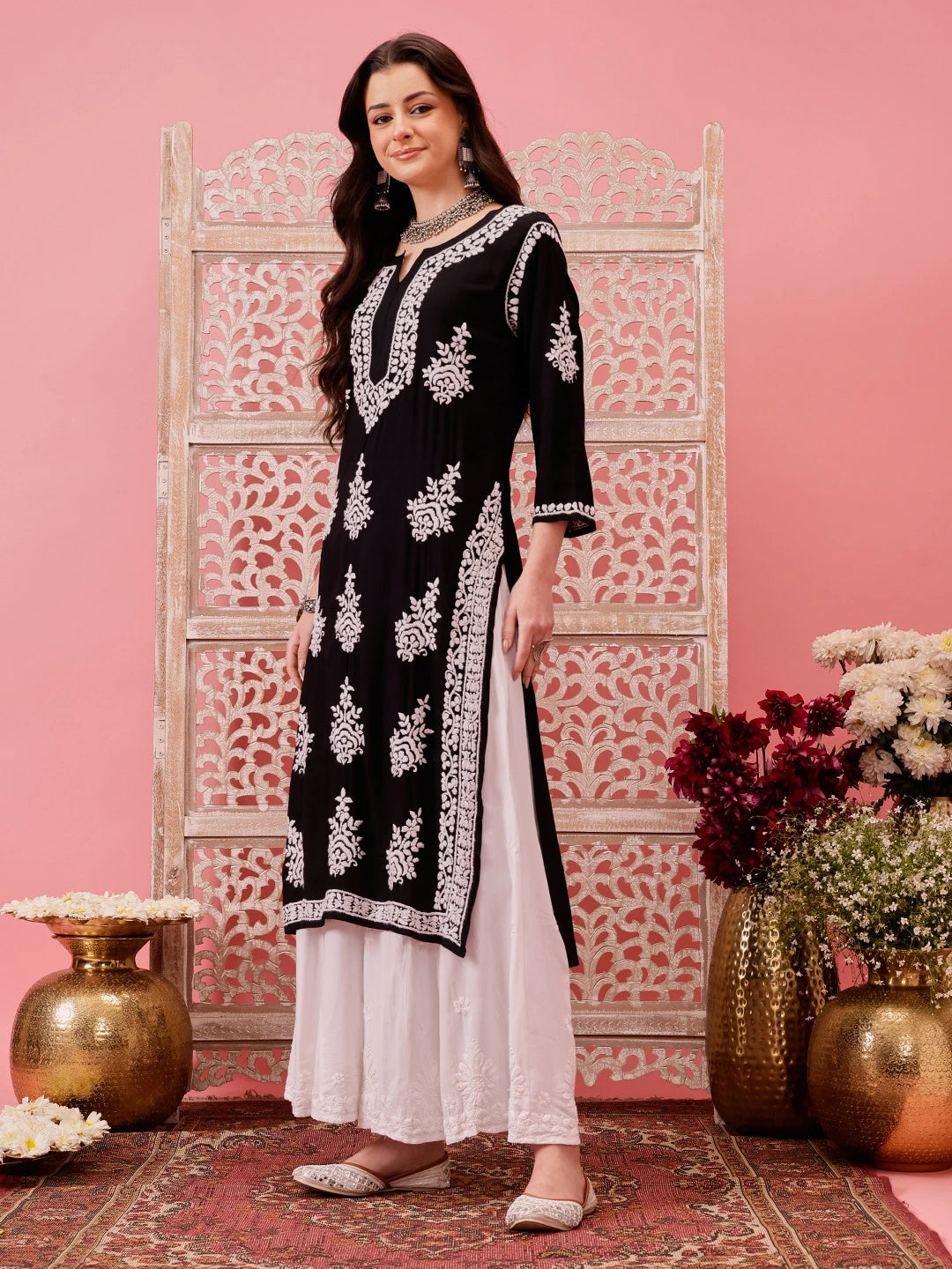 Ada Hand Embroidered Black Modal Lucknowi Chikankari Straight Kurta A411756