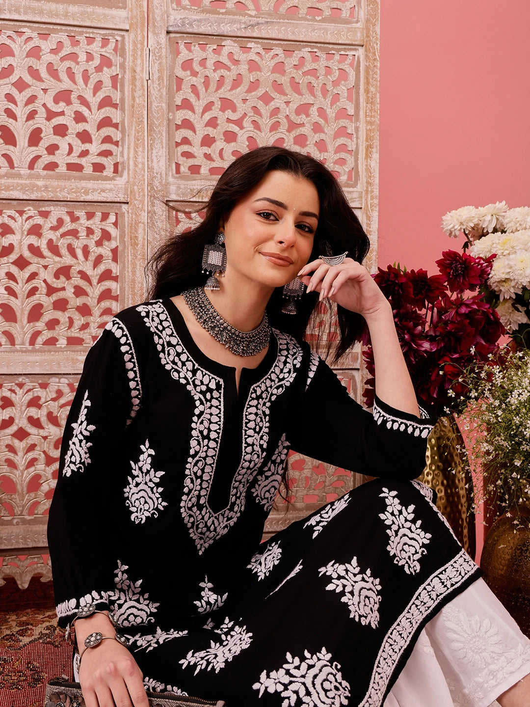 Ada Hand Embroidered Black Modal Lucknowi Chikankari Straight Kurta A411756